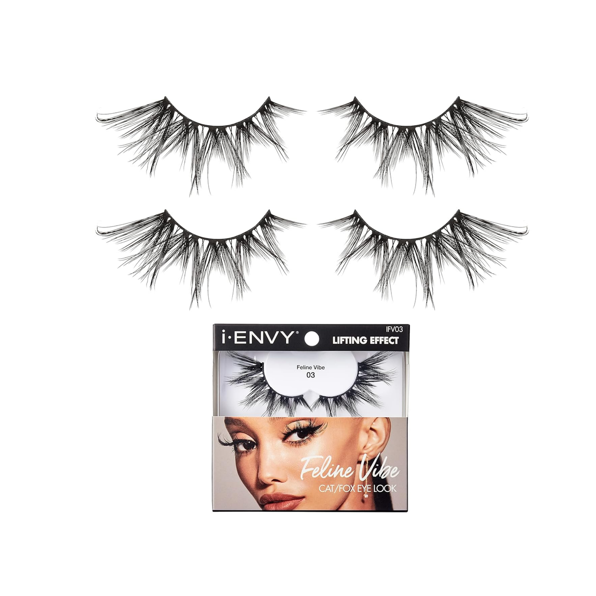 Faux mink cat-eye lashes 03, lifted outer corners, tapered inner edge, 2-pack.