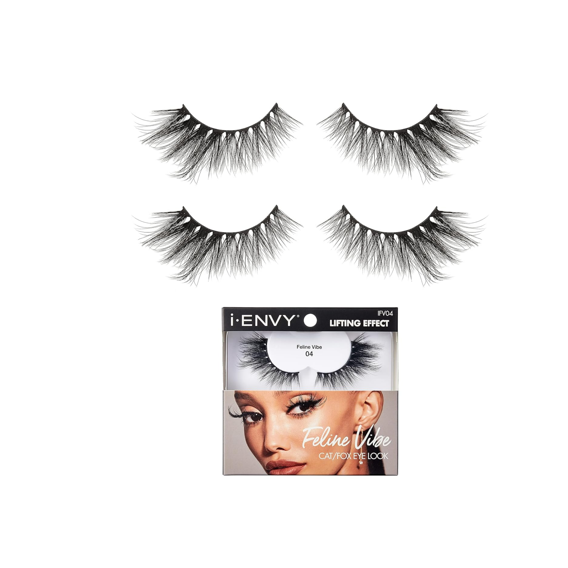 Faux mink fox-eye lashes 04 with clustered flare and full outer volume, 2-pack.