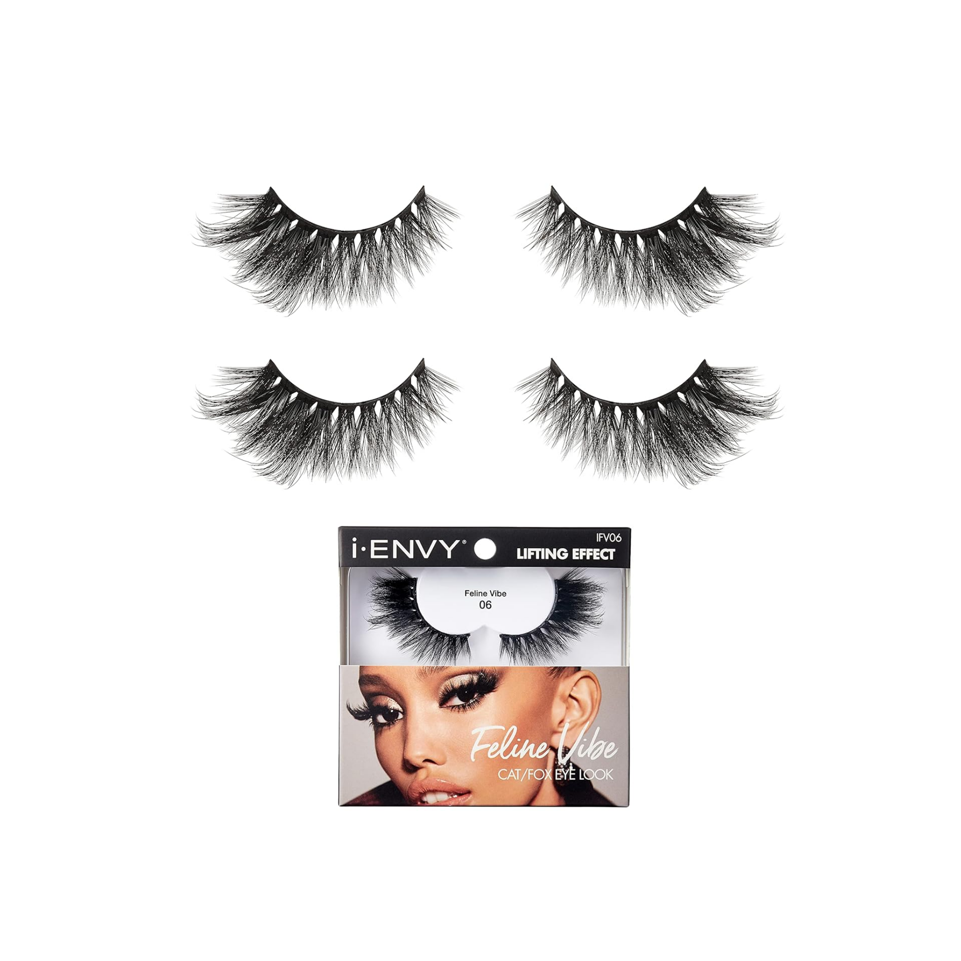 Faux mink lifting lashes 06, dramatic winged outer edge with wispy layers, 2-pack.