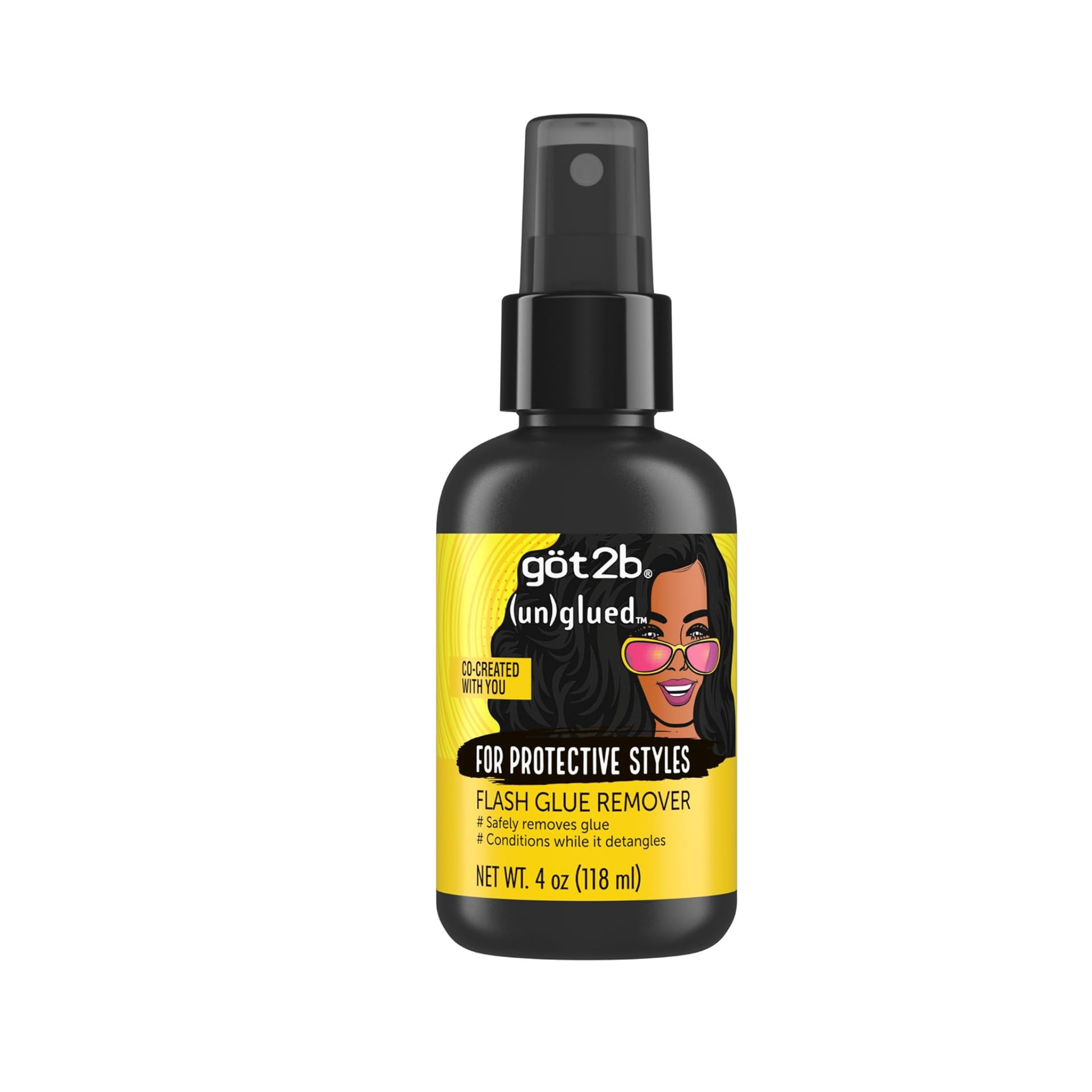  4oz wig glue remover spray for lace wigs and tape-ins that gently dissolves adhesive and conditions for easy detangling.