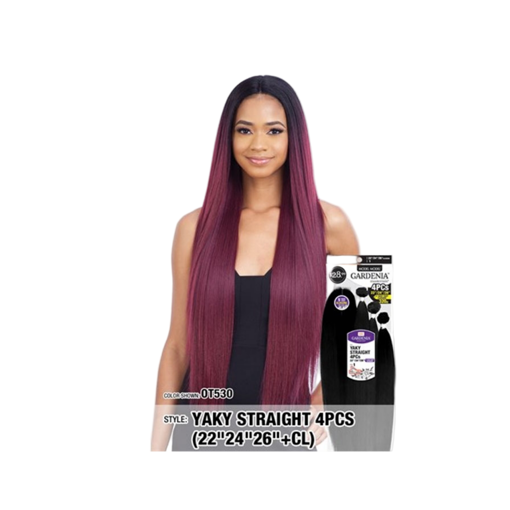 Gardenia Yaky Straight 4PCS  — soft, straight hair bundle lengths 22"/24"/26" with closure.