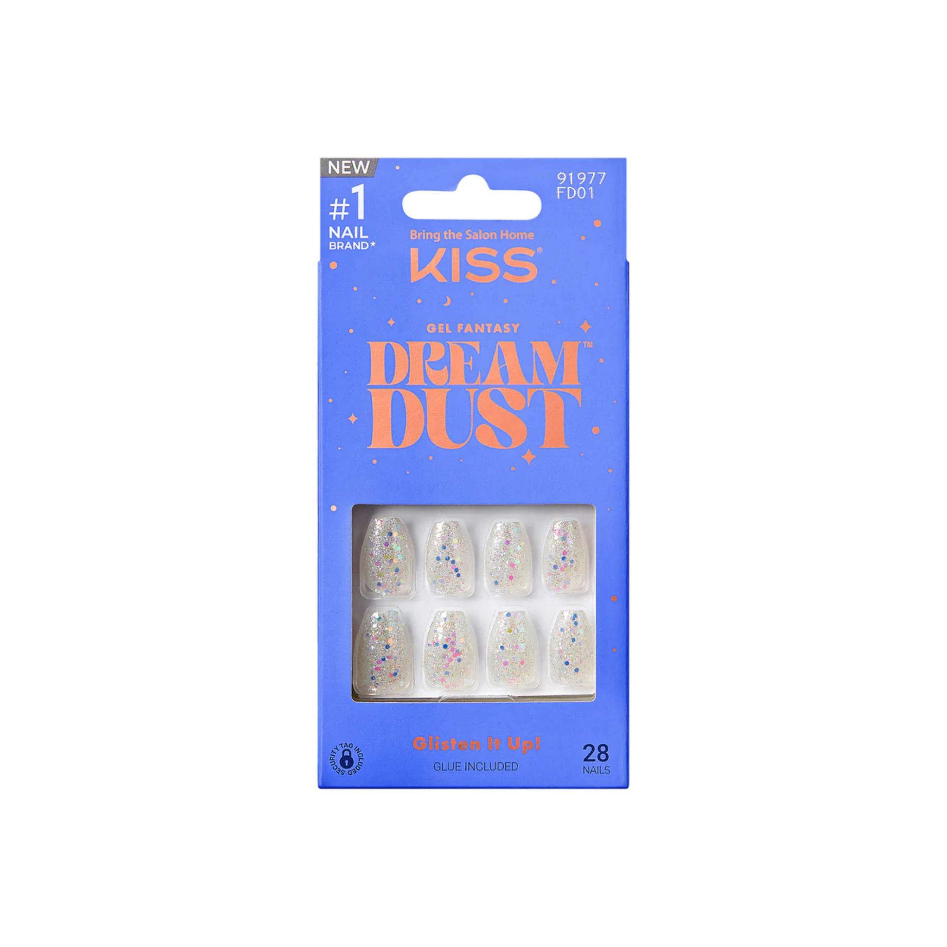 Glittery clear press-on nails with multicolor iridescent flakes in oval shape – FD01