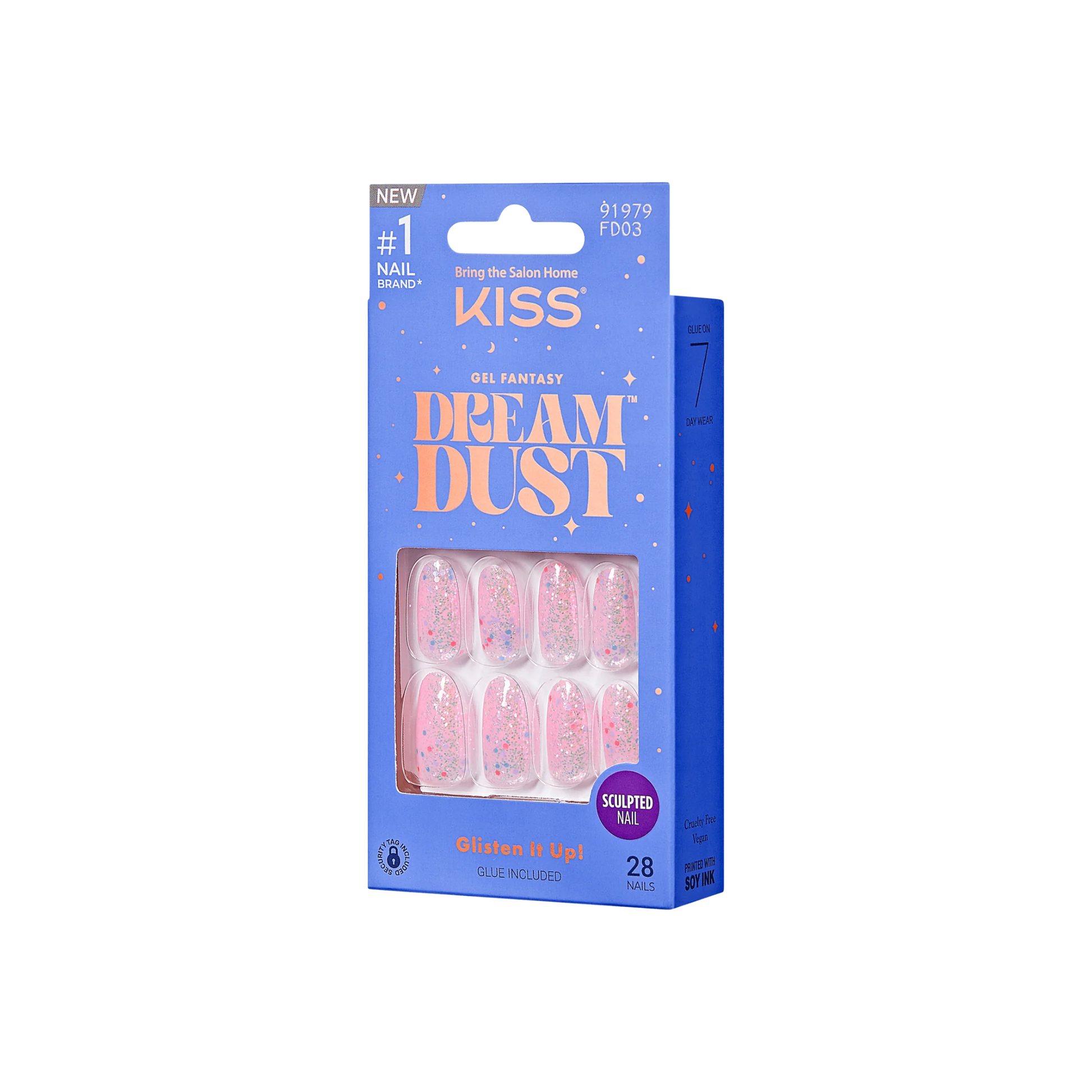 Pink gel press-on nails with crushed glitter and iridescent dust – FD03