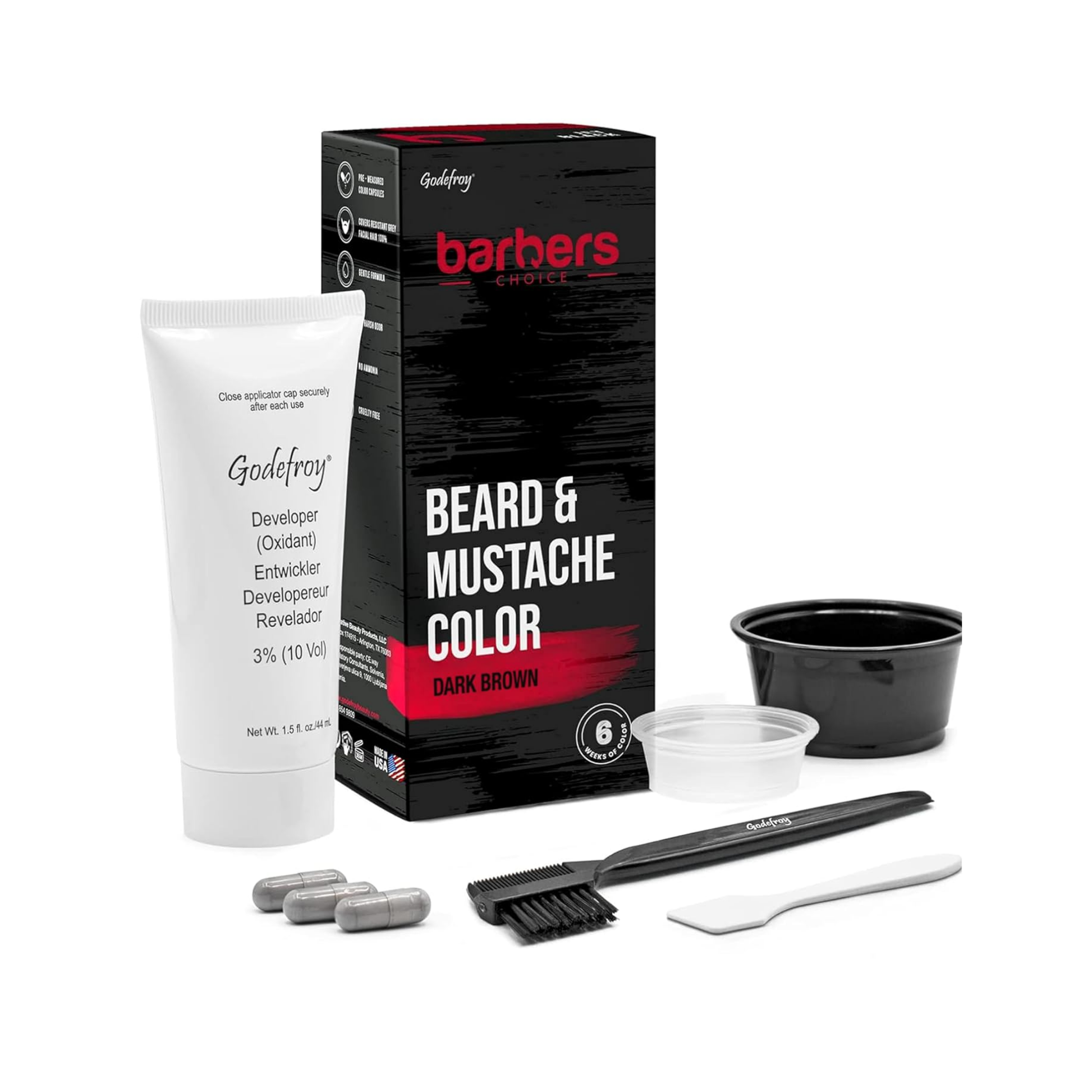 Godefroy Barbers Choice 3-application beard and mustache dye kit in dark brown, includes color capsules, developer, mixing tray, and brush for natural gray coverage.
