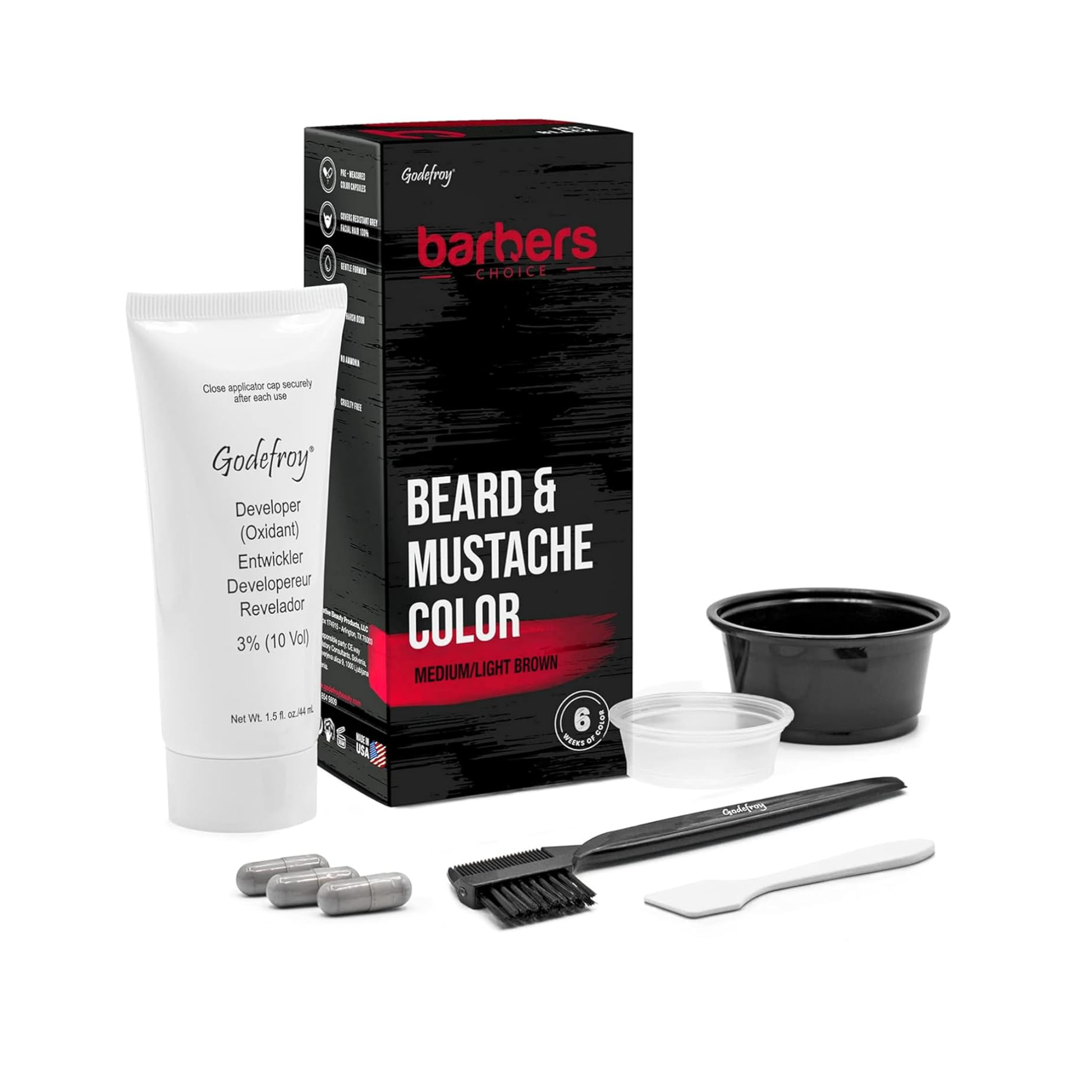  Godefroy Barbers Choice 3-application beard and mustache dye kit in medium light brown, includes color capsules, developer, mixing tray, and brush for natural gray coverage.