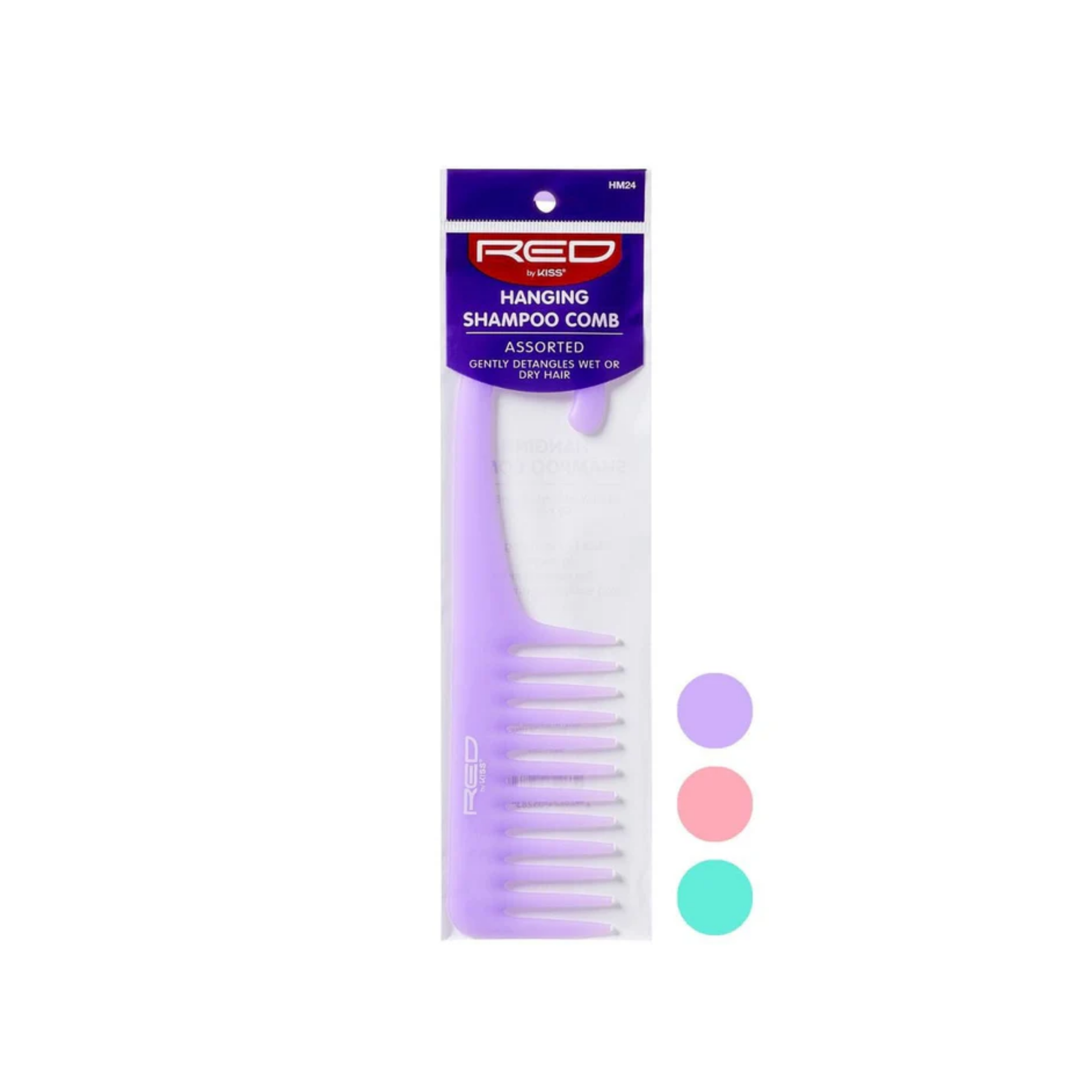  A hanging wide-tooth shampoo comb with a hook for gentle detangling of wet, curly, and thick hair .
