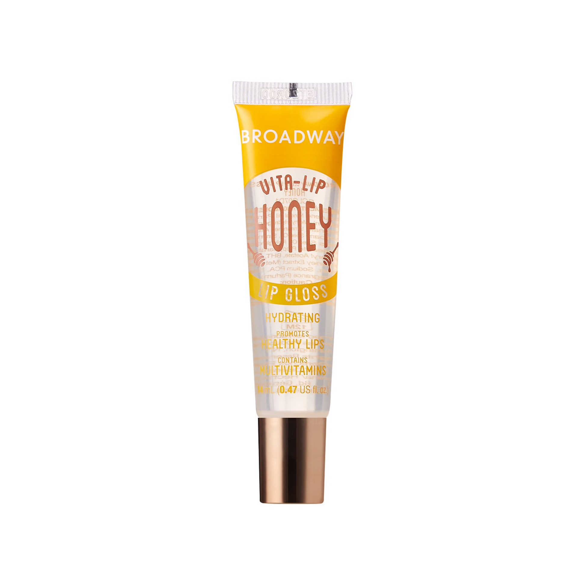 Vita-infused clear lip gloss Honey with high-shine finish in squeeze tube