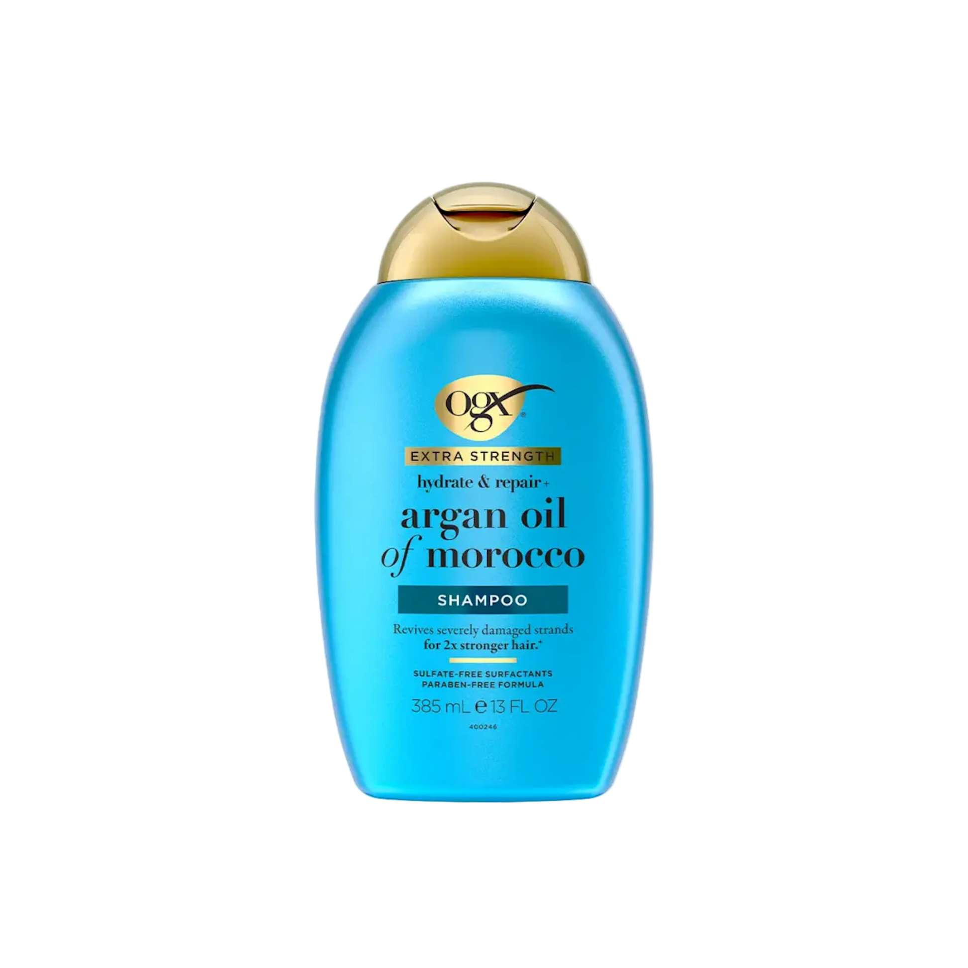 Blue bottle of argan oil shampoo, sulfate-free and paraben-free, designed for hydration and repair.