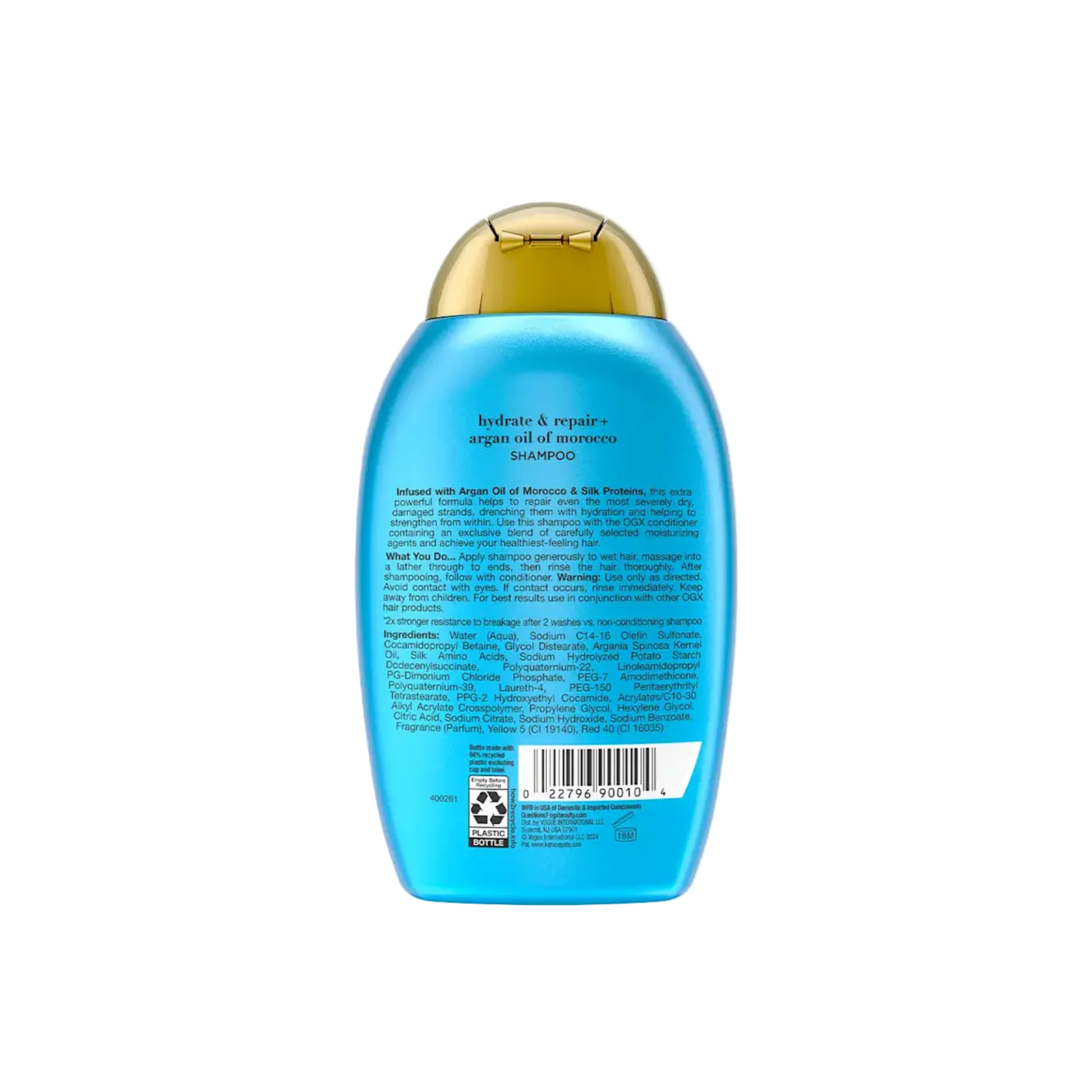 Blue bottle of argan oil shampoo, sulfate-free and paraben-free, designed for hydration and repair.