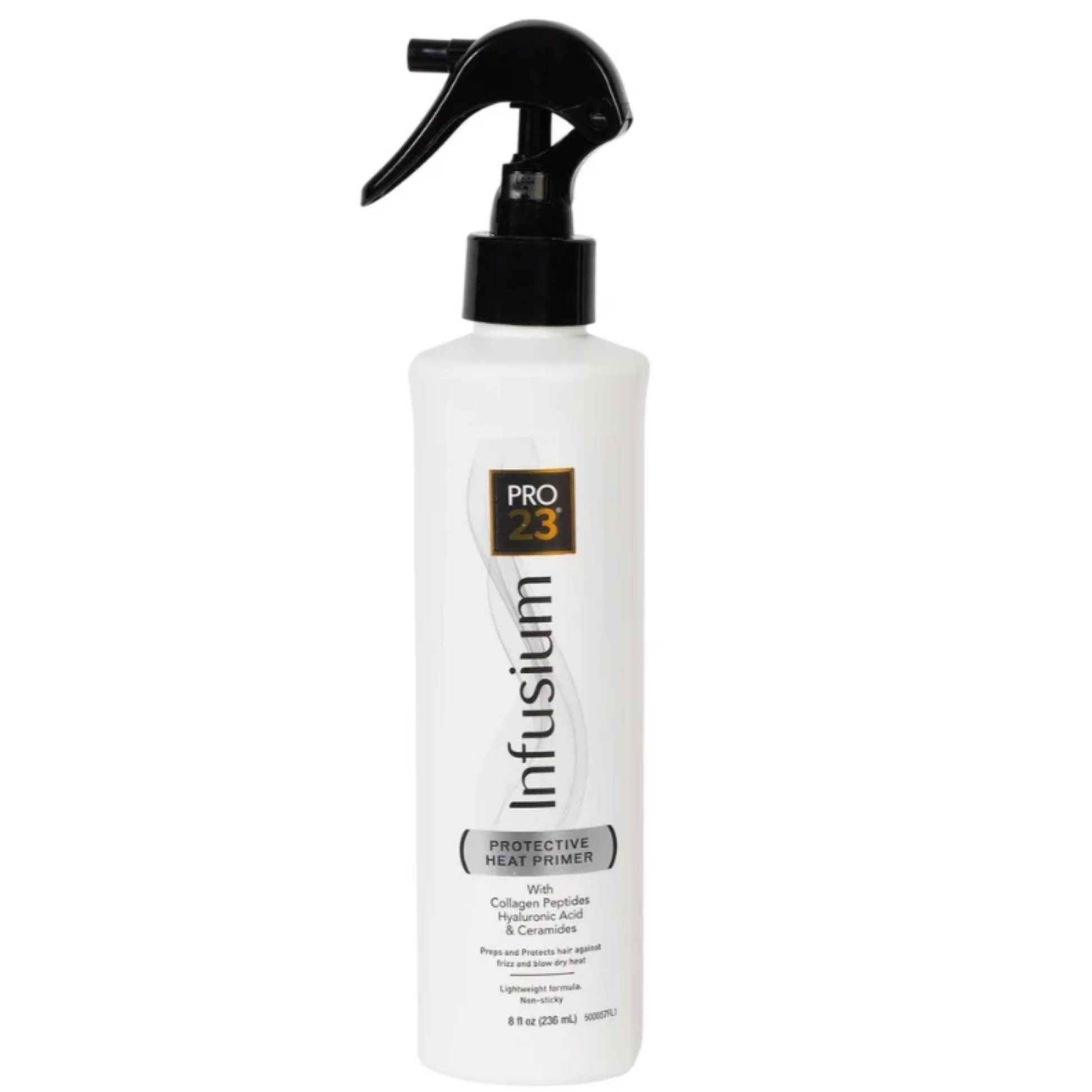 Bottle of Infusium 23 Protective Heat Primer with Collagen Peptides, Hyaluronic Acid and Ceramides on a white background