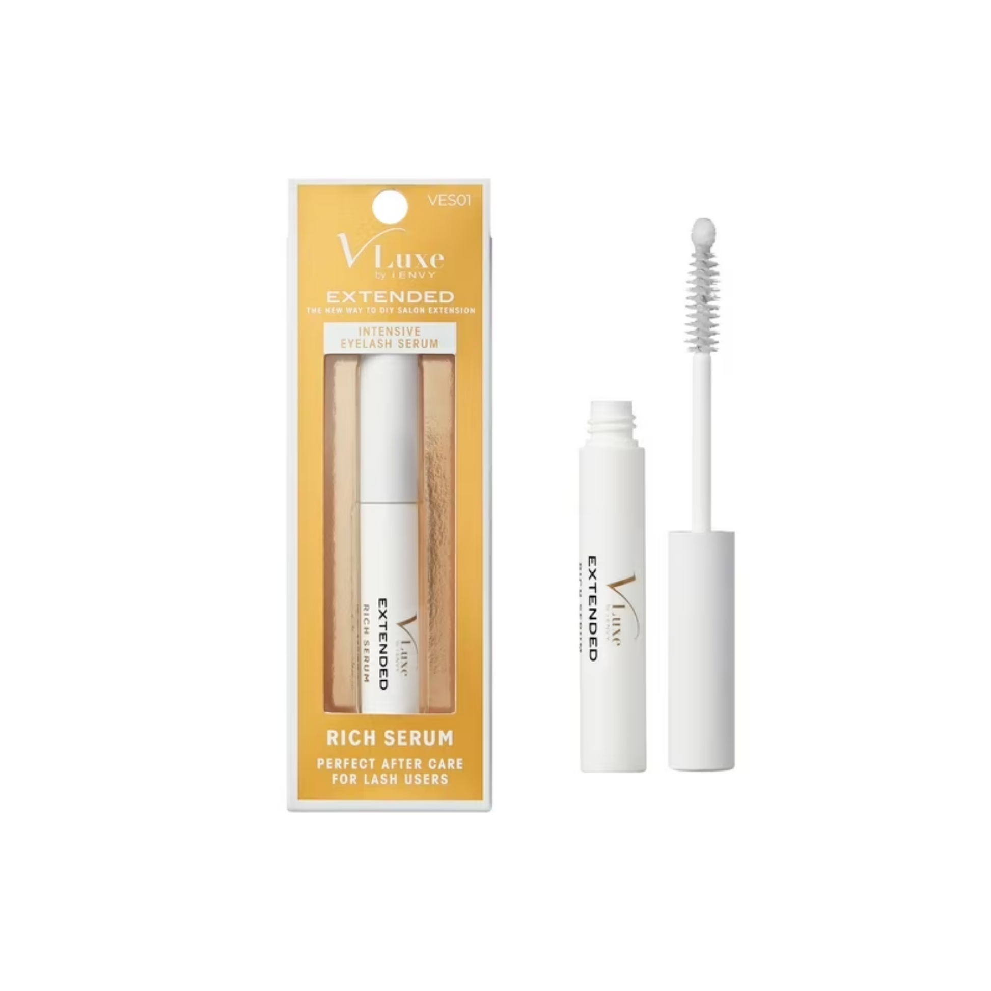 Intensive eyelash serum with spoolie applicator for fuller, thicker-looking natural lashes and extension aftercare.