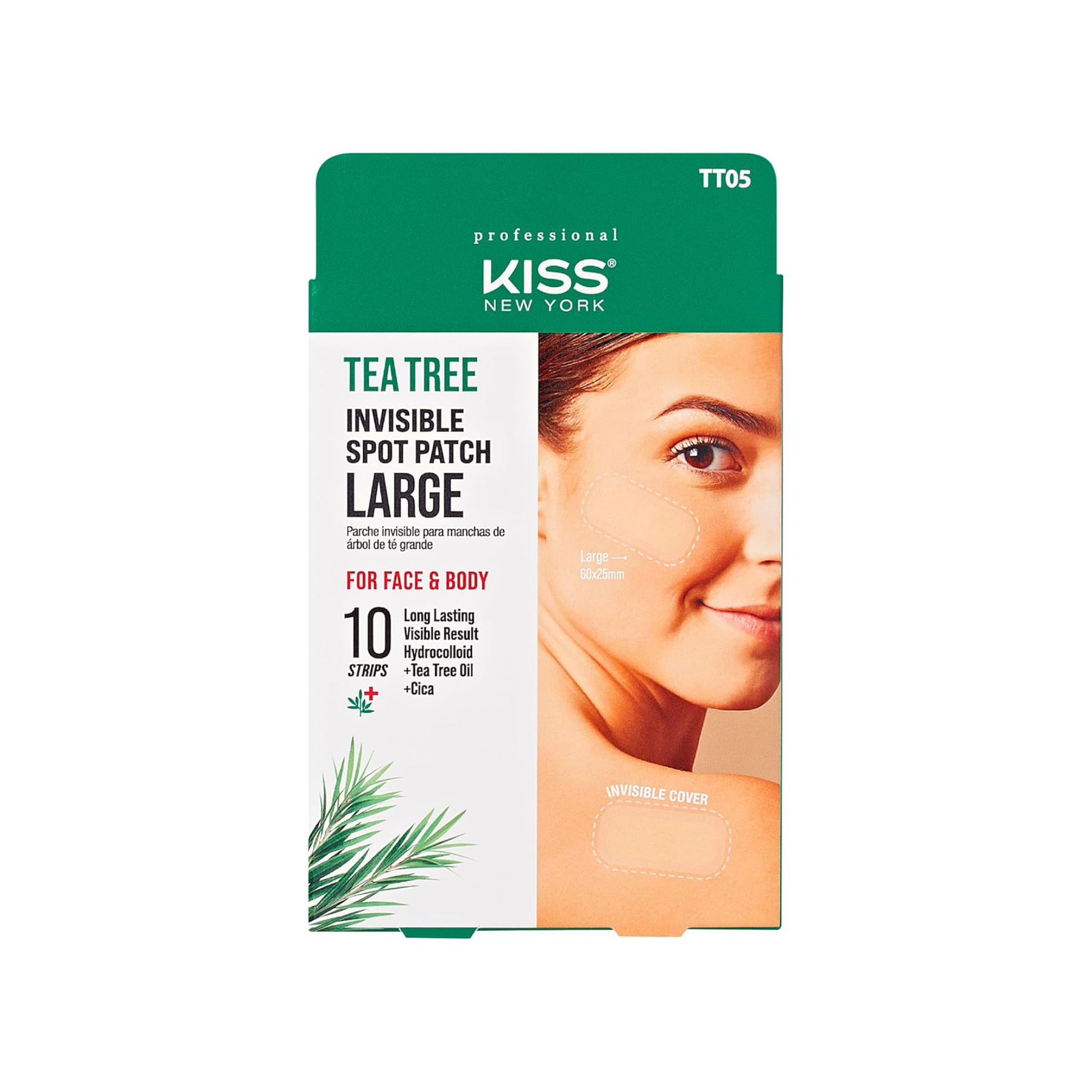 New York Tea Tree Invisible Spot Patch for face and body hydrocolloid acne treatment with Tea Tree Oil and Cica, shown on a woman’s cheek for clear, calm skin.