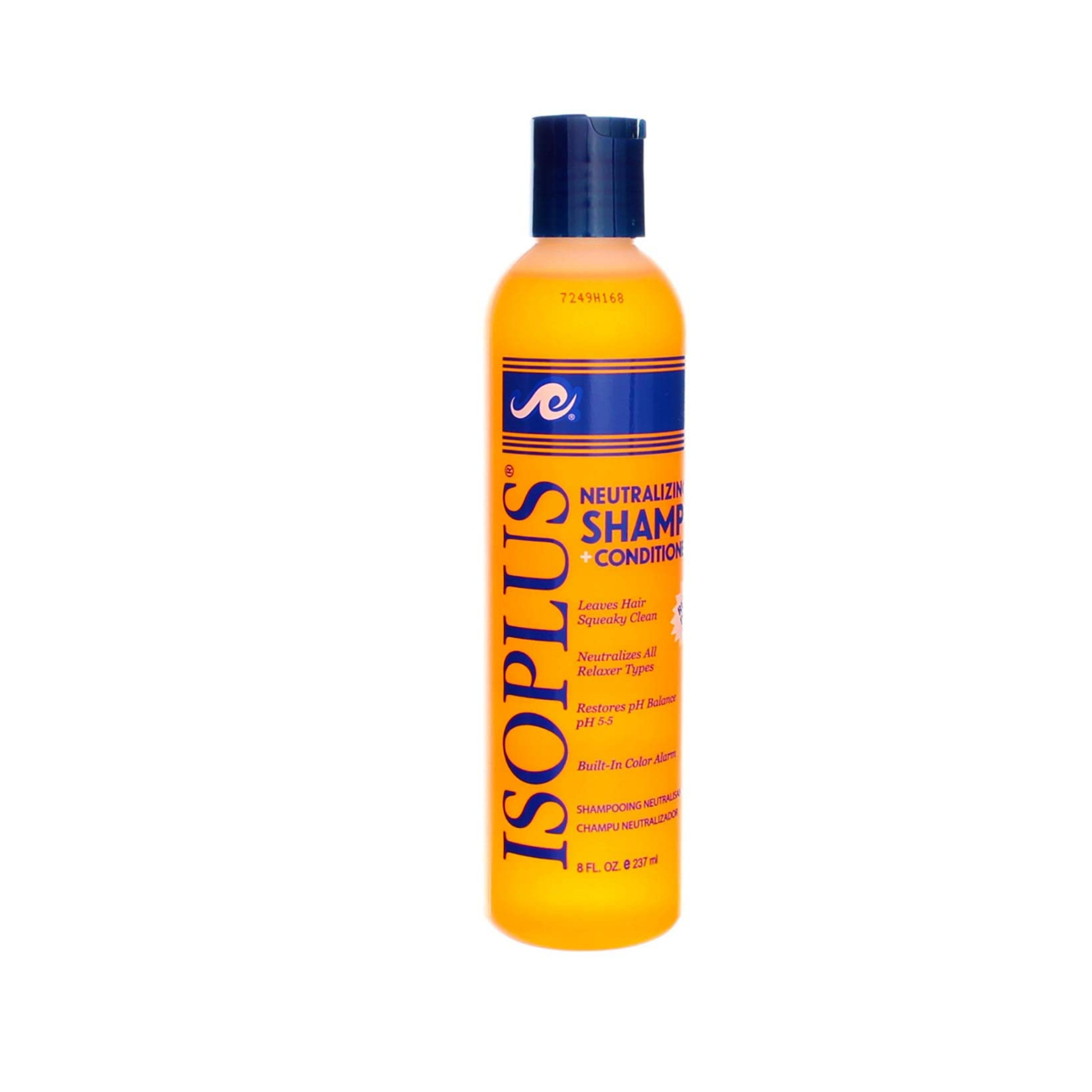 Isoplus Neutralizing Shampoo + Conditioner 8 fl oz bottle with built-in color alarm, cleans and restores pH balance after relaxer treatment