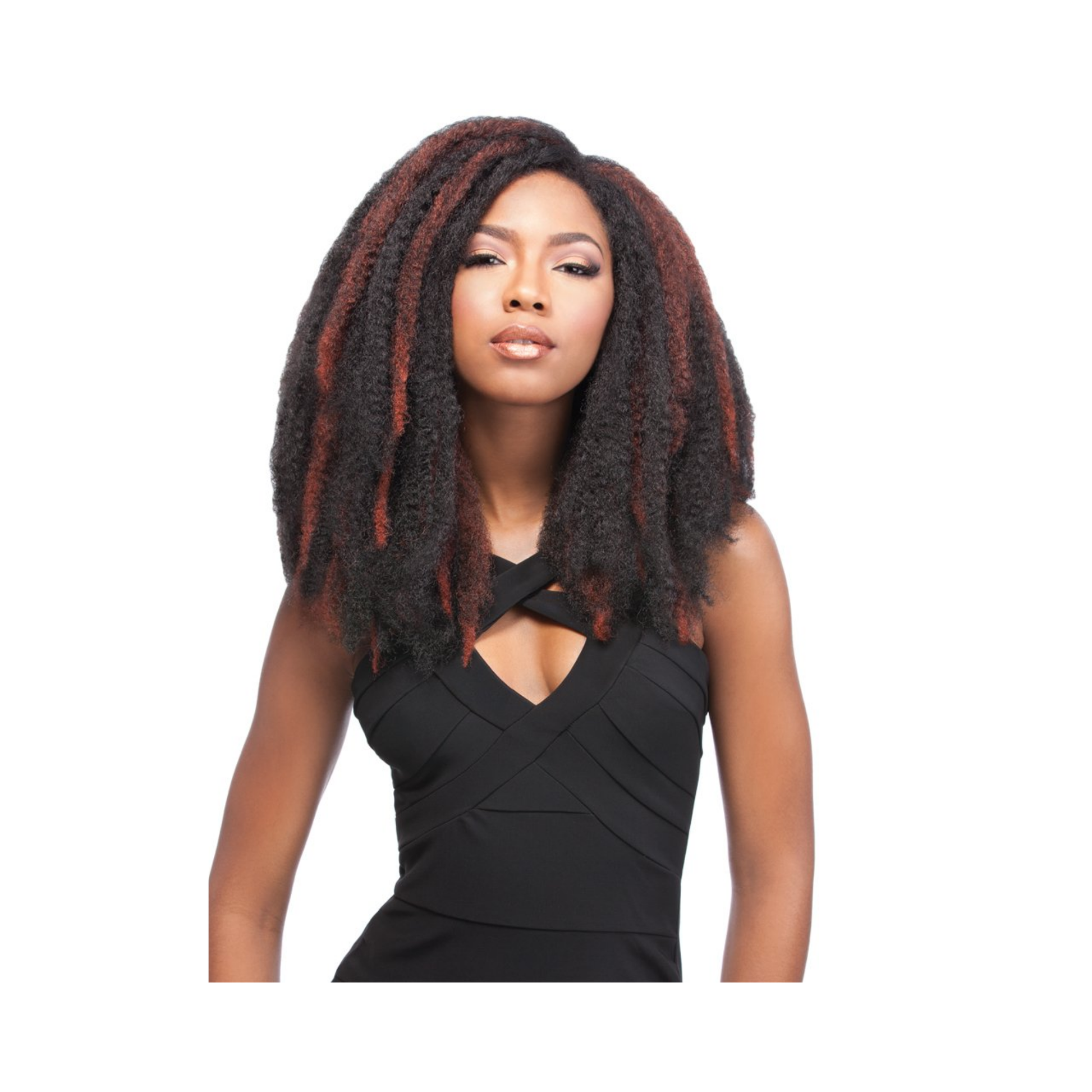 Woman wearing Sensationnel African Collection Jamaican Locks 26-inch crochet bulk braid in rich burgundy color, featuring full, natural Afro-textured volume.