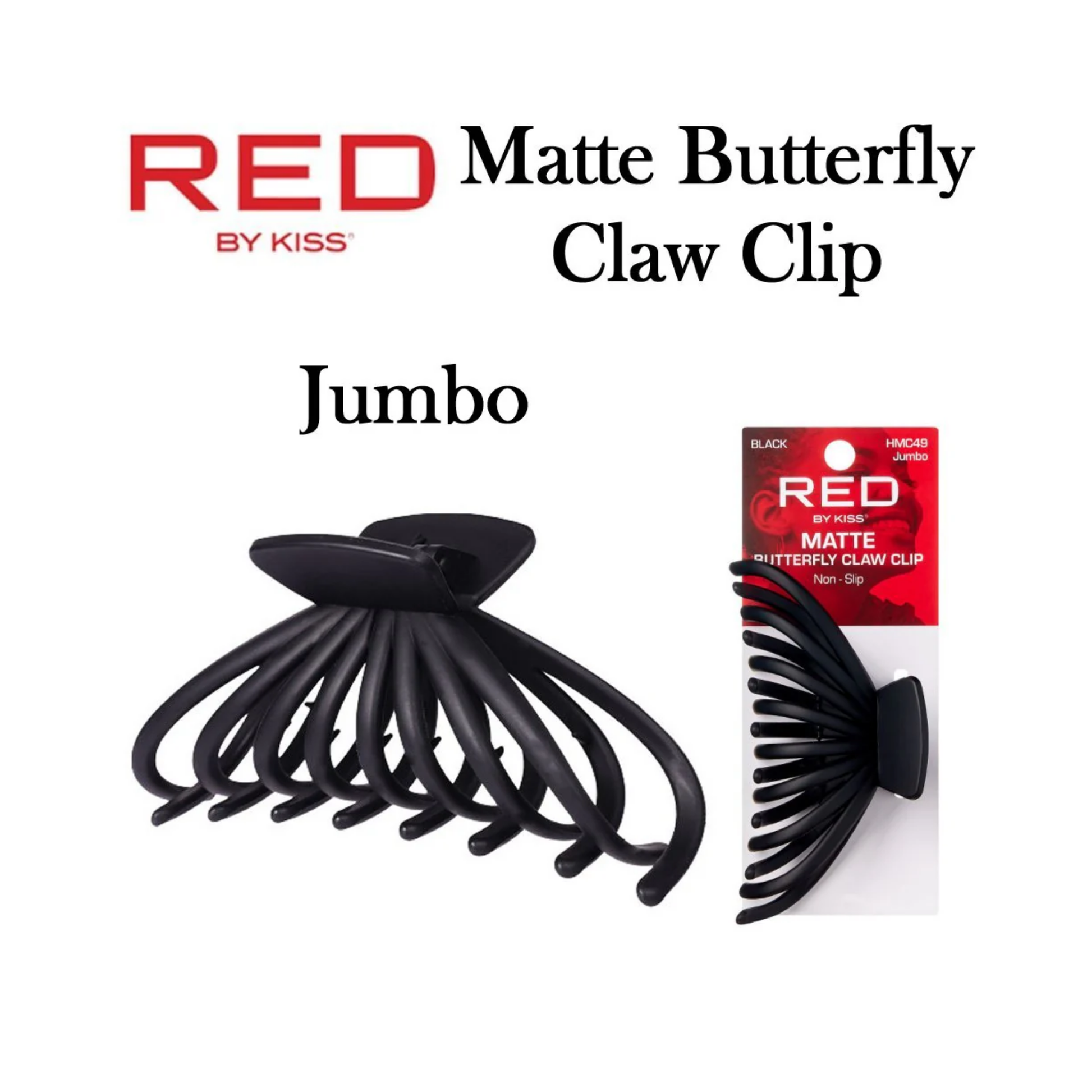  Jumbo matte black butterfly claw clip with extra-wide curved teeth for securing thick or long hair