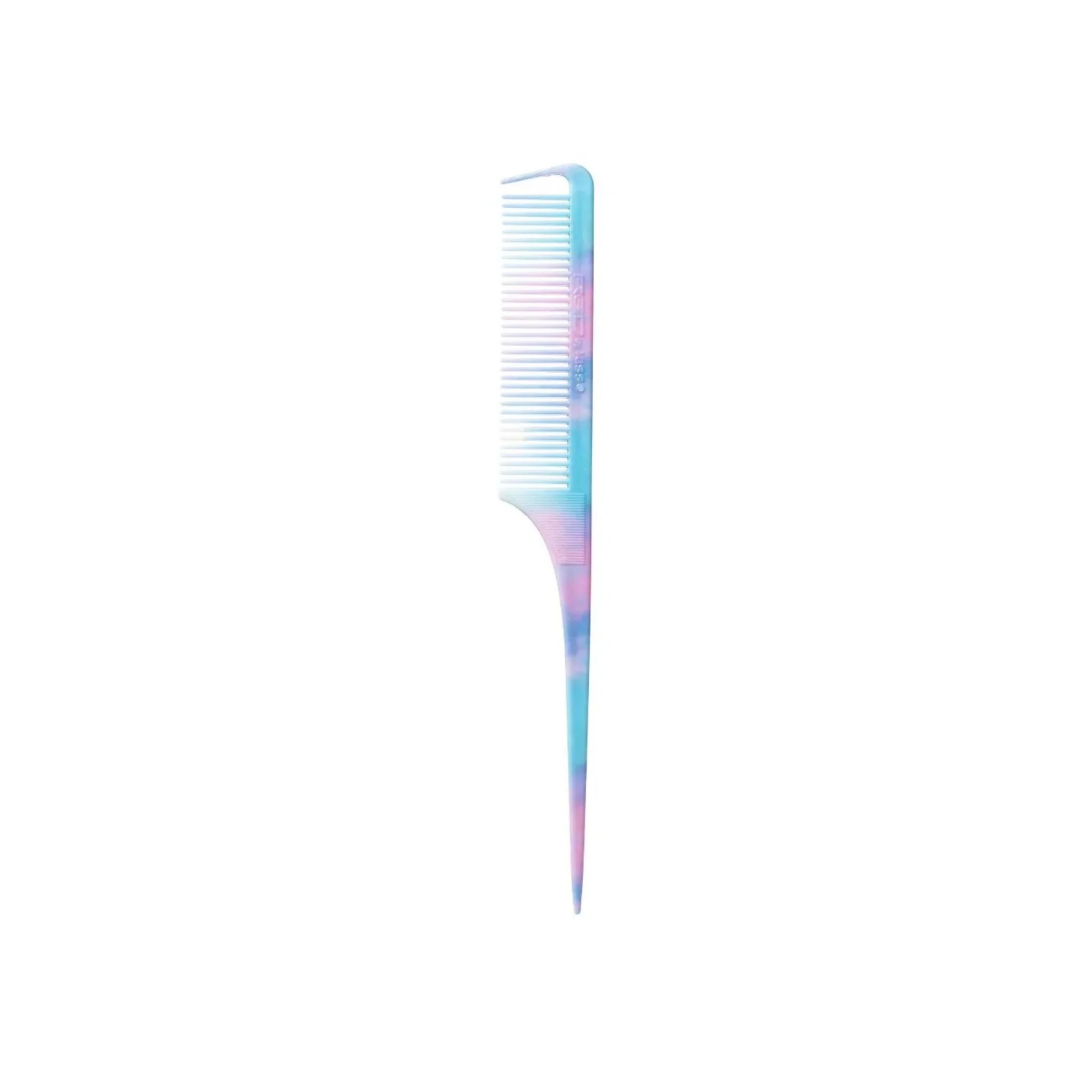 KISS red/blue tie-dye rat tail comb with long point, side view on white background