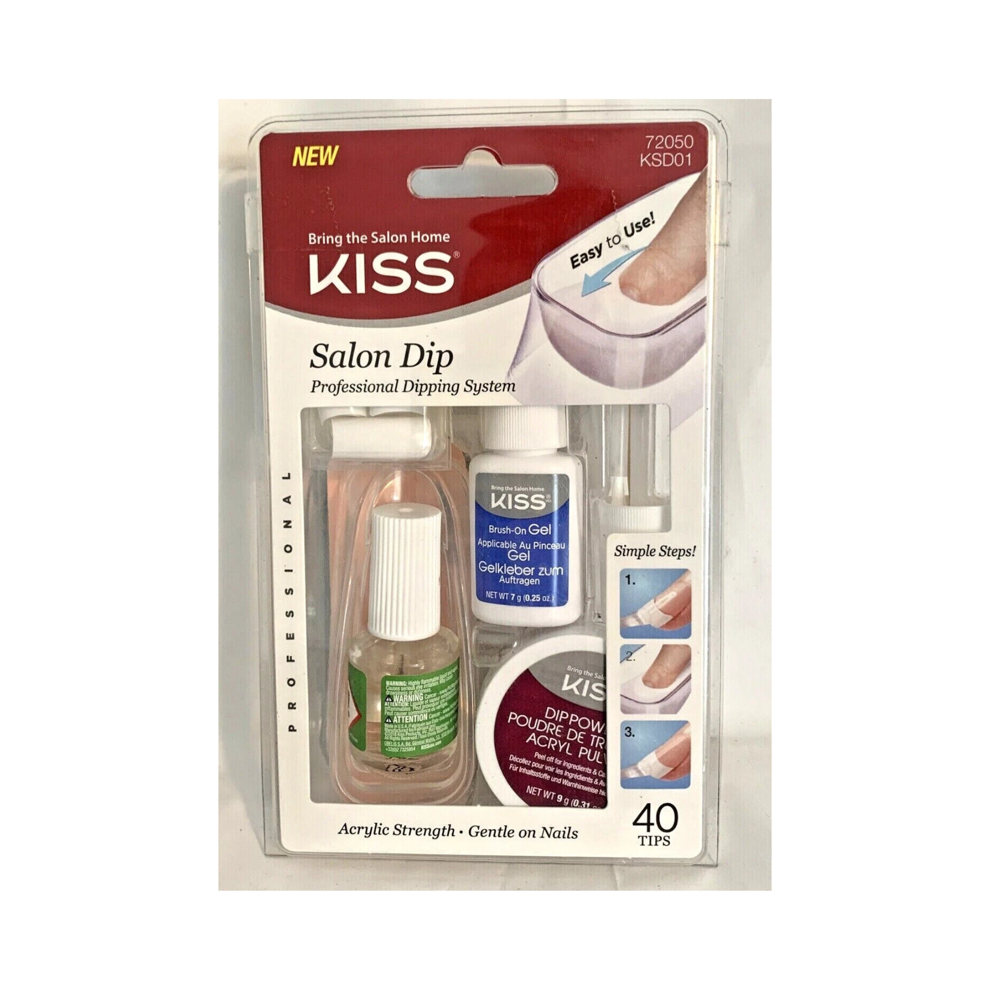 KISS Salon Dip Nail Kit with acrylic-strength dipping system, includes powder, activator, brush-on gel, and 40 nail tips for long-lasting manicures.