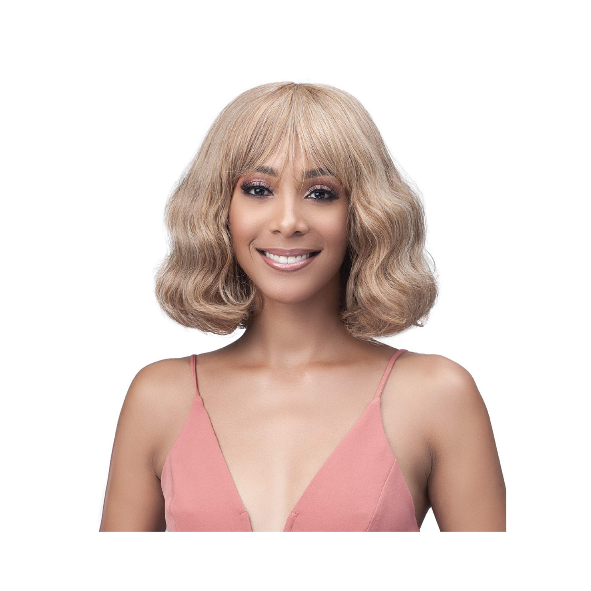 Shoulder-length wavy bob wig with soft bangs and natural texture for everyday styling.