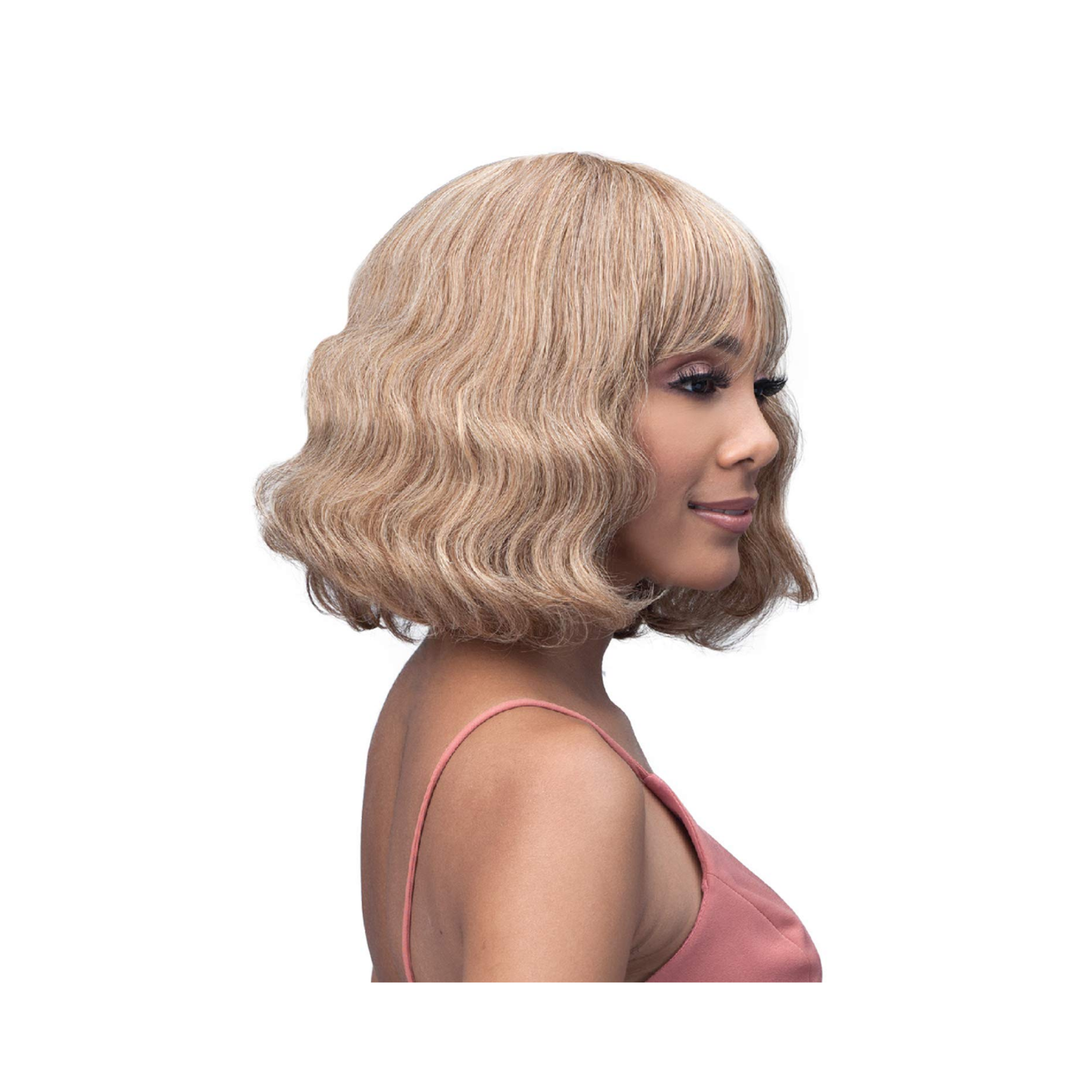 Shoulder-length wavy bob wig with soft bangs and natural texture for everyday styling.