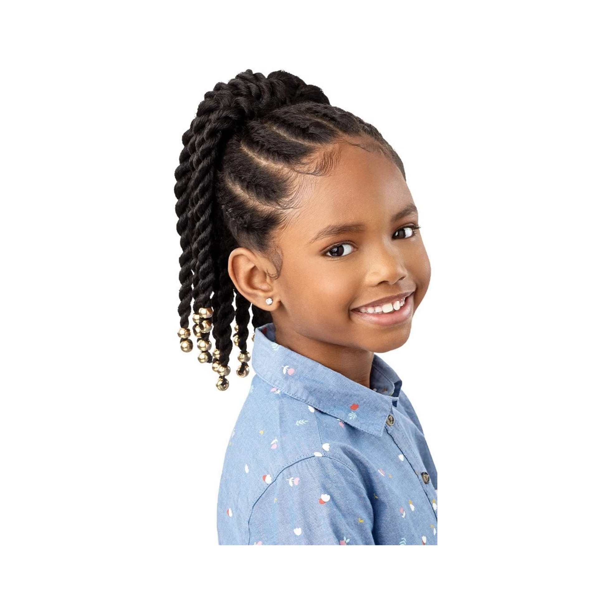 Beaded twist drawstring ponytail for kids in color 1B, 12-inch length