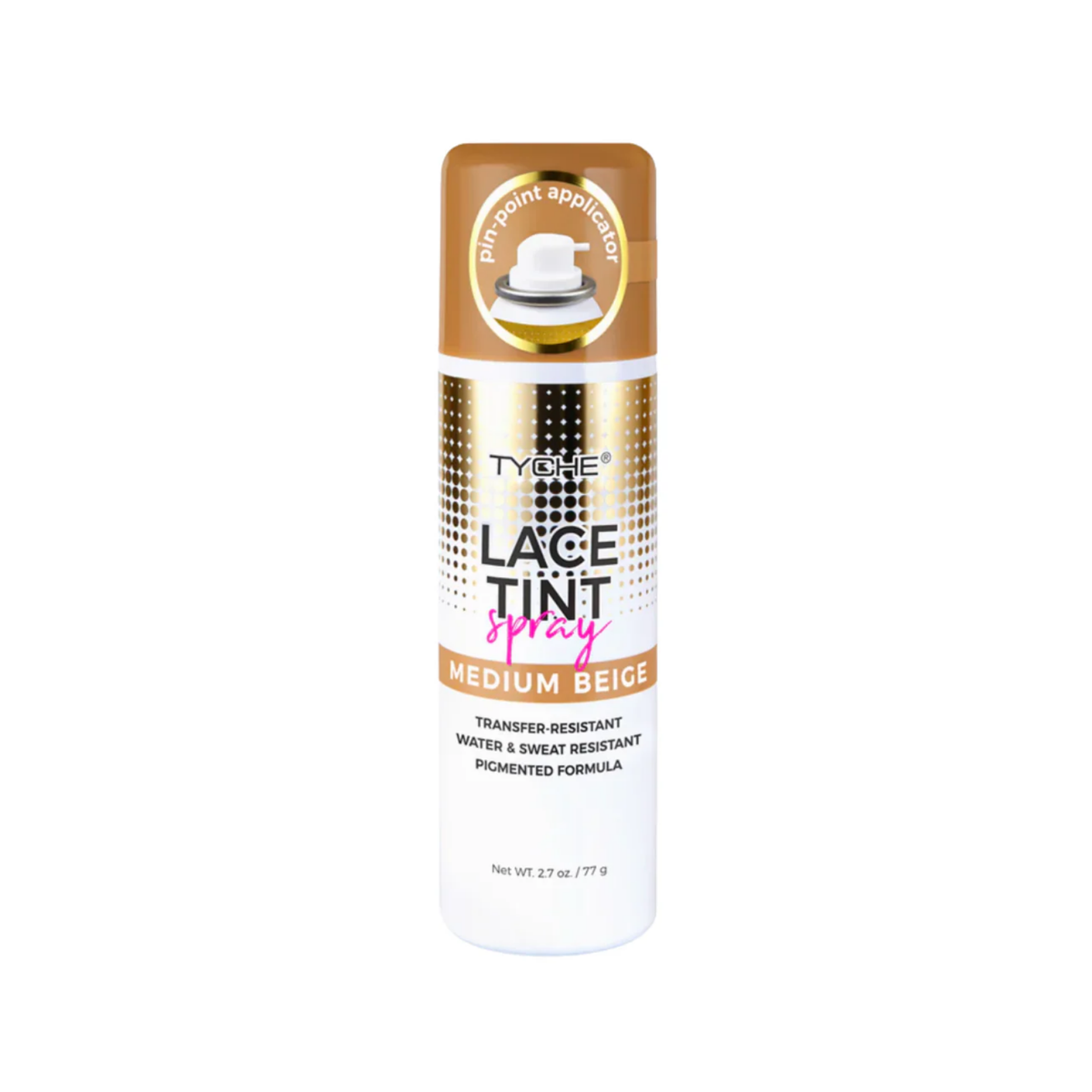 Medium Beige lace tint spray for wigs and closures, buildable coverage for medium skin tones, 77g.