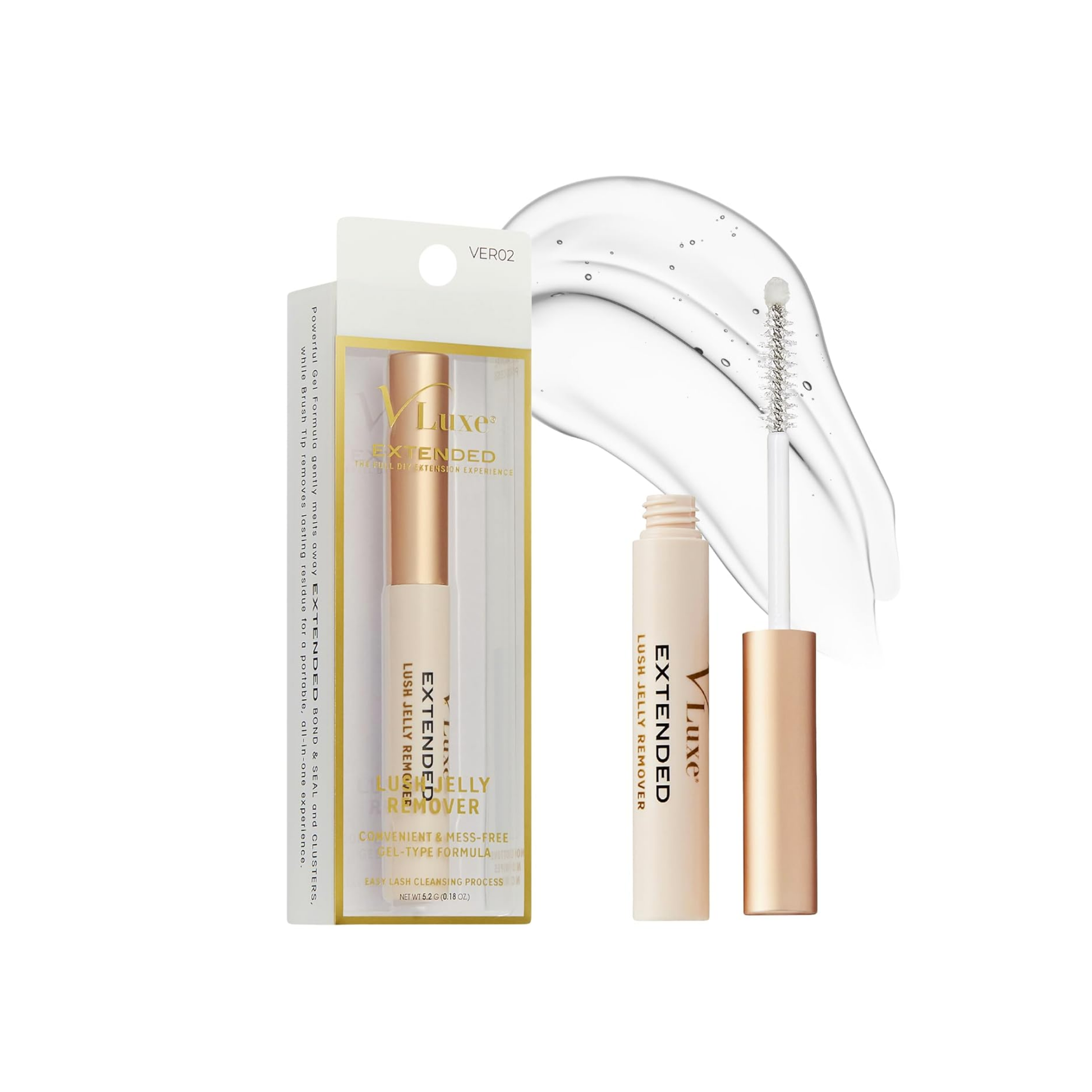 Lash remover jelly 5.2g with brush, mess-free gel that dissolves lash glue and bond & seal for cluster and extension removal.