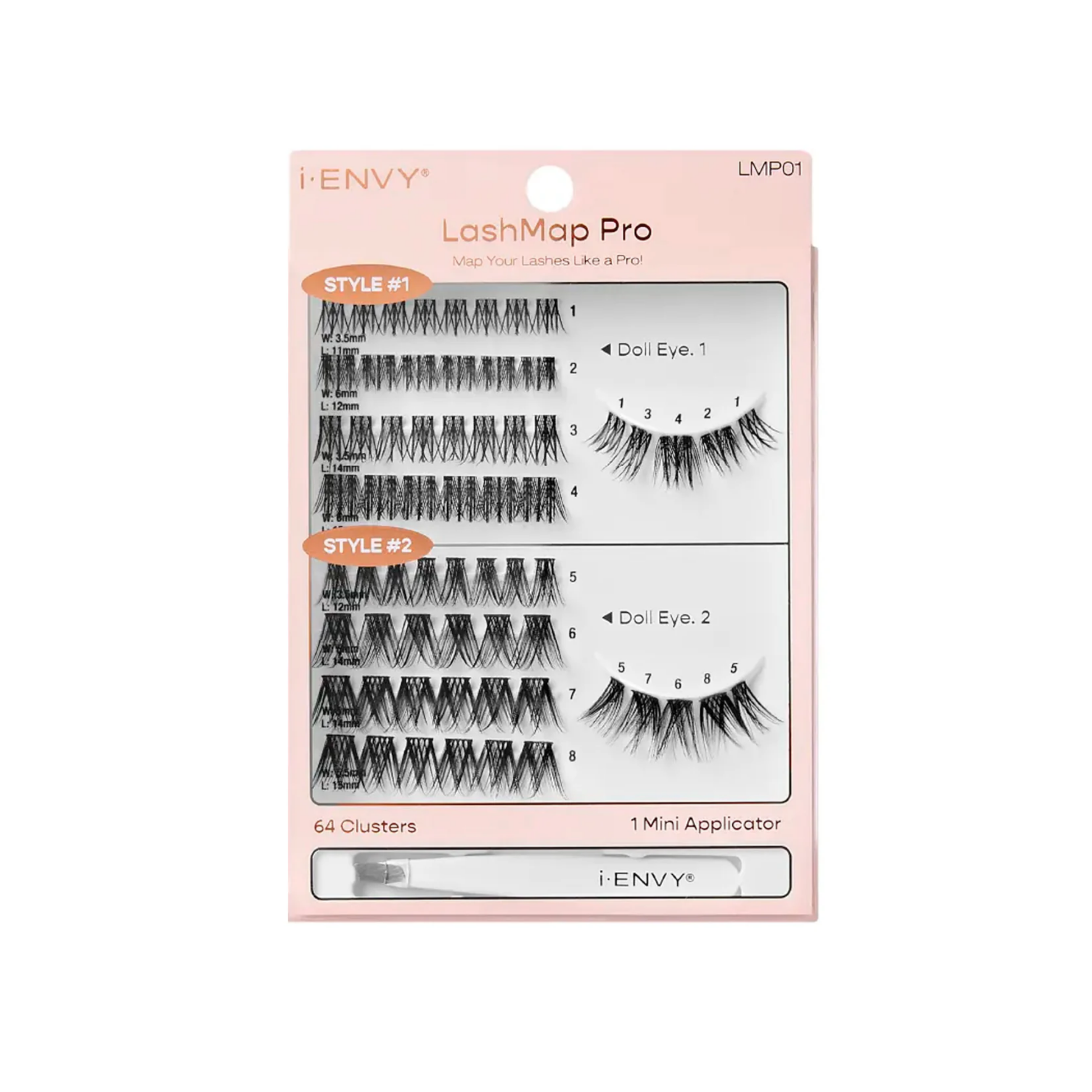 Doll eyelash mapping kit with two pre-mapped styles and mini applicator
