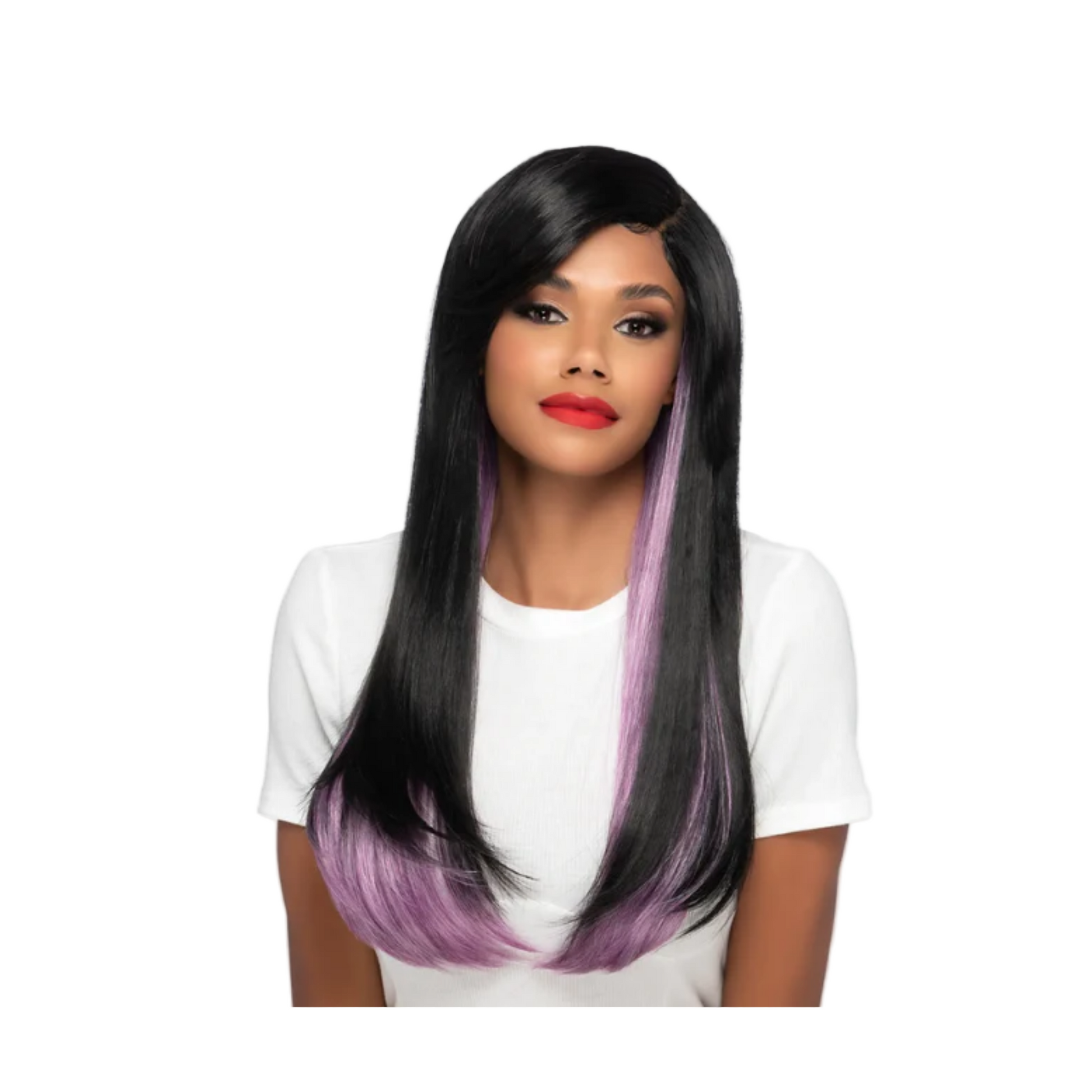 Long straight layered synthetic wig with feathered bangs, black base with lavender peek-a-boo streaks.
