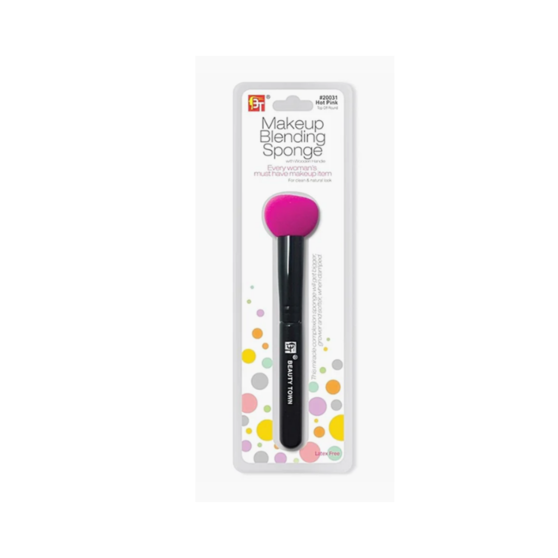 Hot Pink makeup blending sponge with wooden handle and rounded top