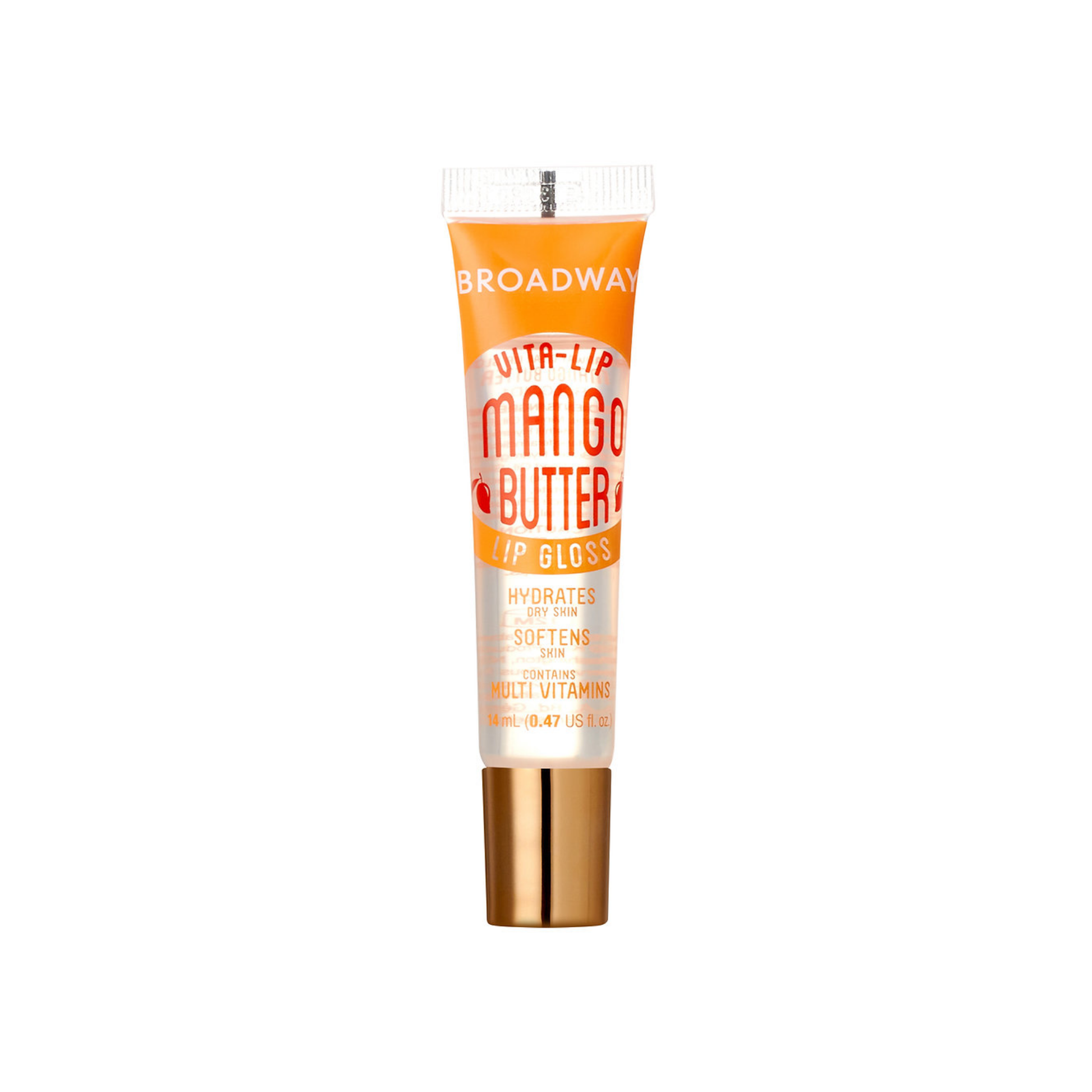 Vita-infused clear lip gloss Mango Butter with high-shine finish in squeeze tube