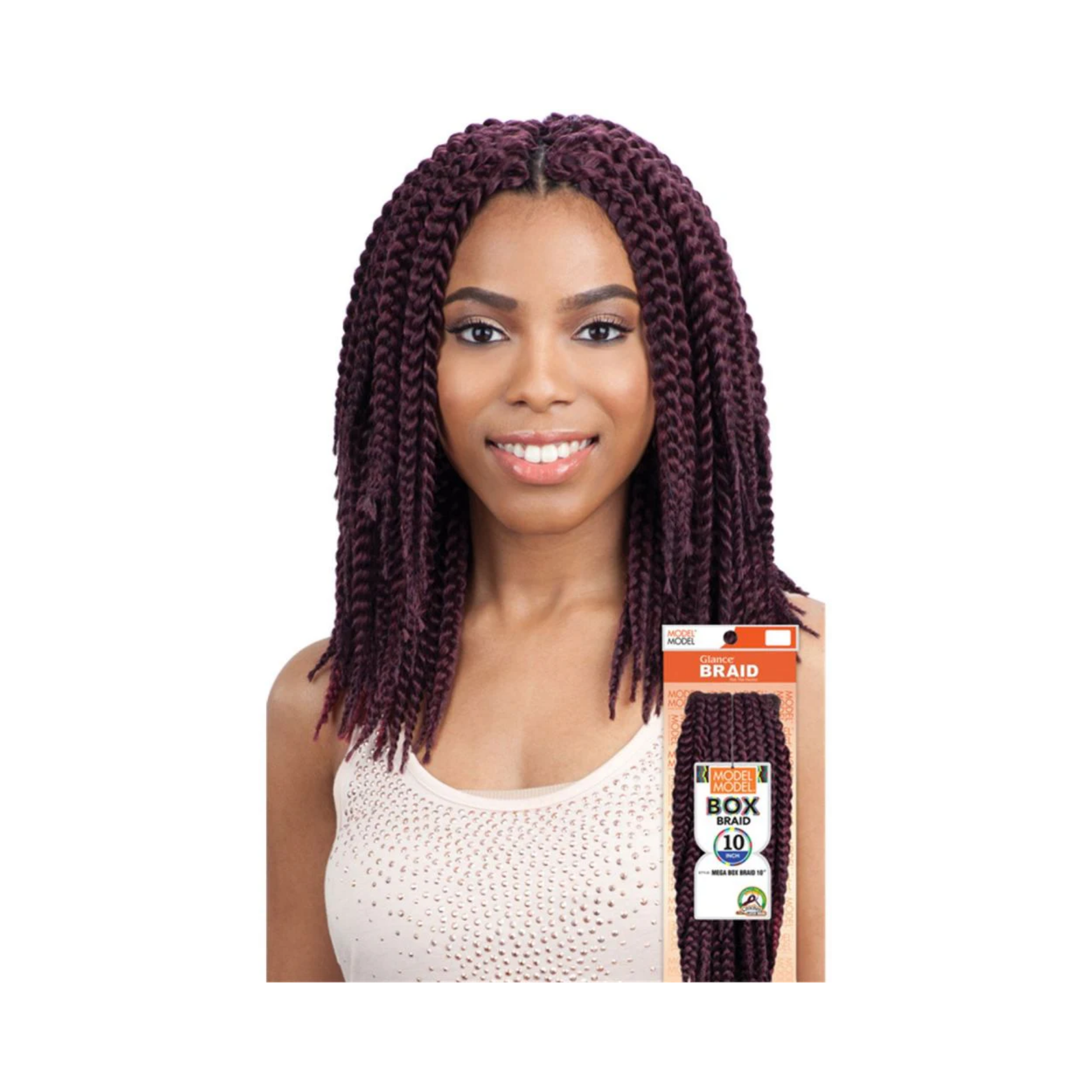  10-inch pre-looped mega box braid crochet hair, short synthetic braids for quick latch-hook installation and easy care.