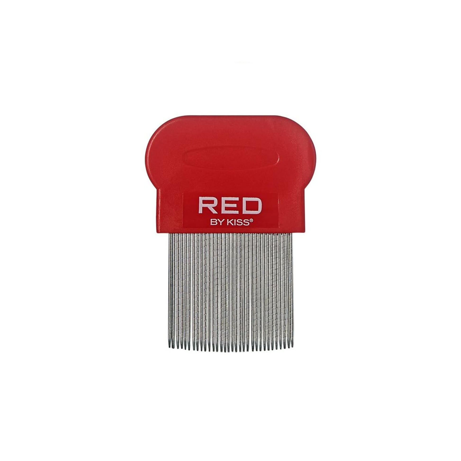 Red-handled metal lice comb with fine stainless-steel teeth for removing lice and nits