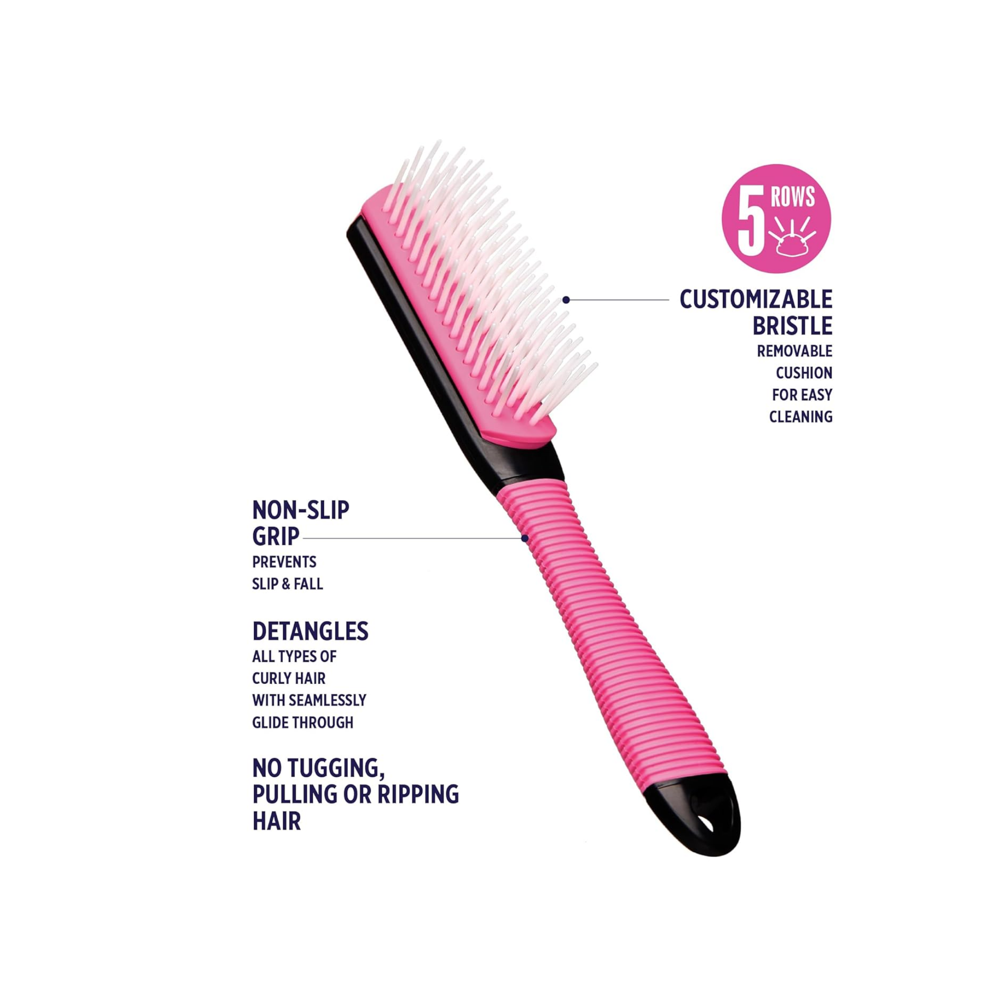 Mini 5-row detangling brush with non-slip handle and removable bristle cushion for gentle hair detangling