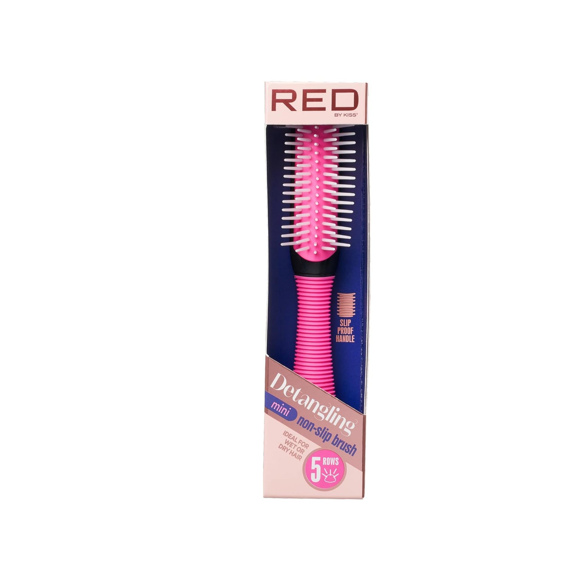 Mini 5-row detangling brush with non-slip handle and removable bristle cushion for gentle hair detangling