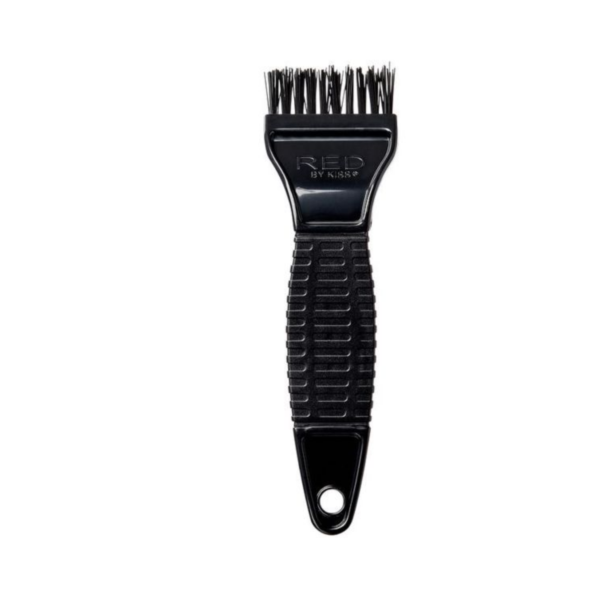 Mini J-shaped dye brush with single bristle side and ergonomic handle for precise beard, mustache, and root coloring.