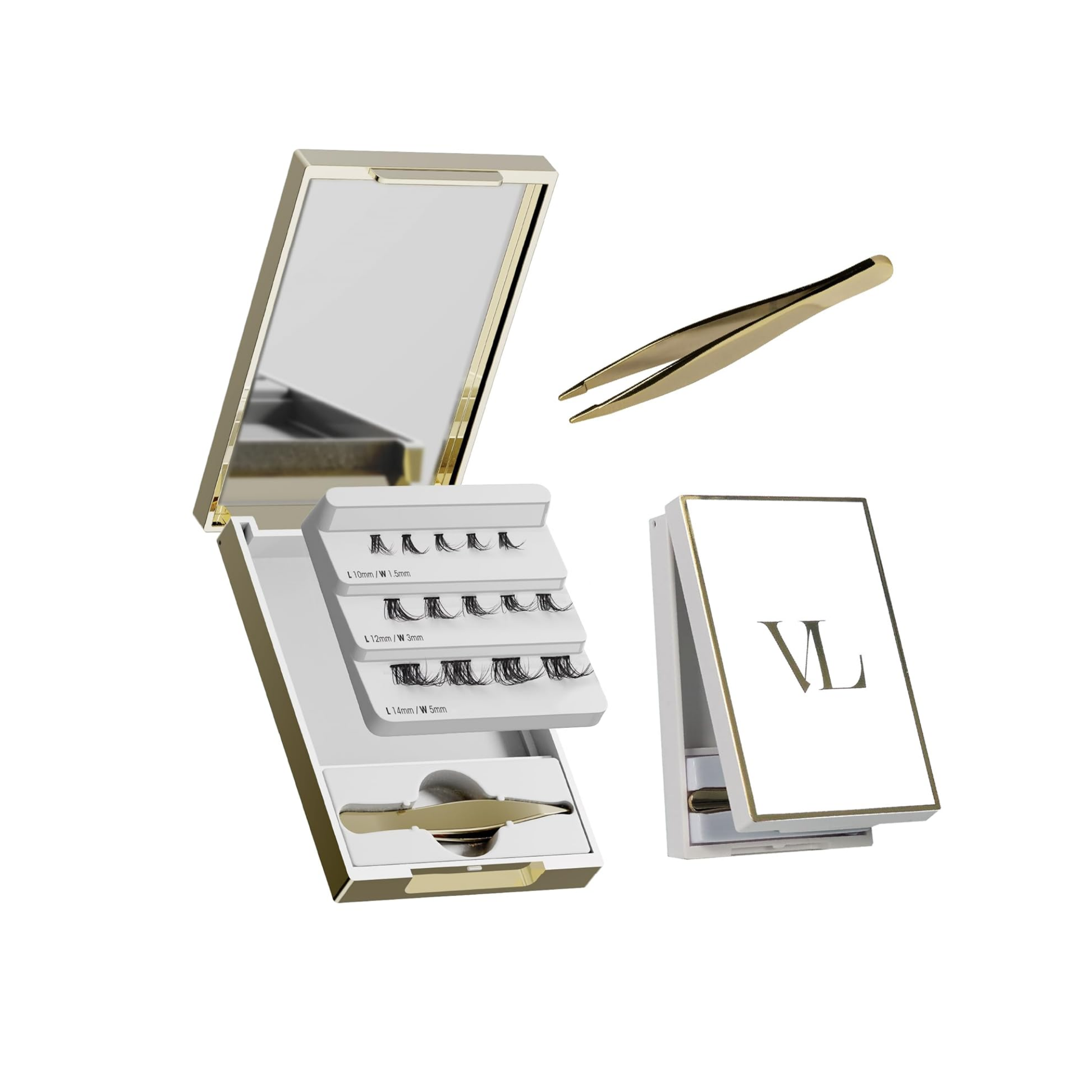  A compact mini lash palette with mirror and tweezers for organizing and applying lash clusters.