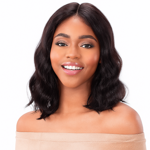 Model wearing the Model Model Flawless Nude FA 001 100% human hair lace front wig in natural black (1/1B), shoulder-length soft waves with an undetectable film lace hairline.