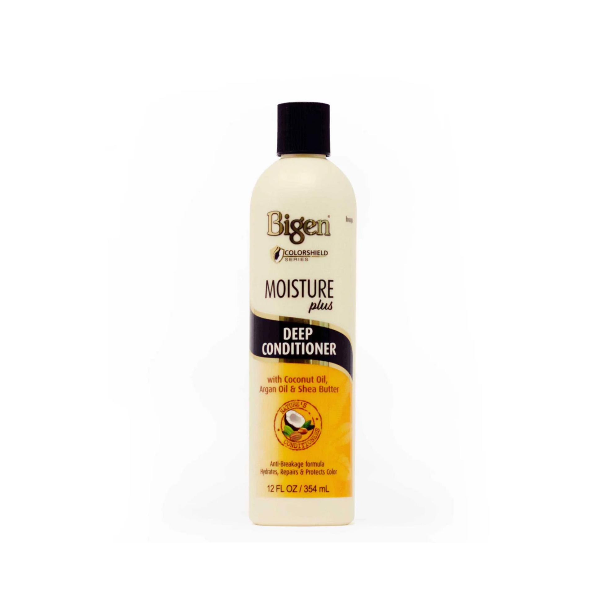 Moisture Plus Shampoo bottle, 12 fl oz, formulated with coconut oil, argan oil, and shea butter for hydrating and protecting hair.