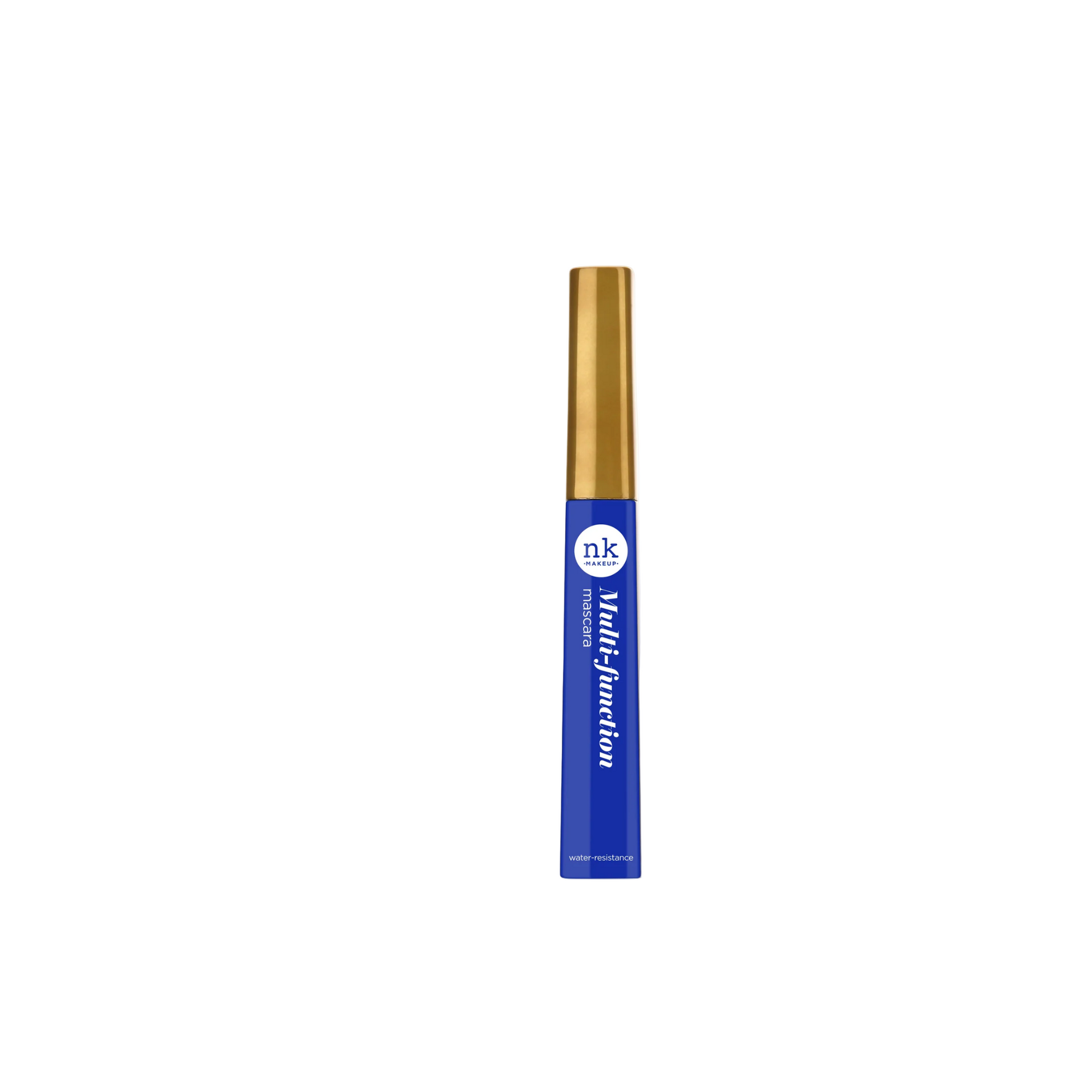 NK Mascara in blue tube with gold cap – bold color mascara for expressive lash looks.