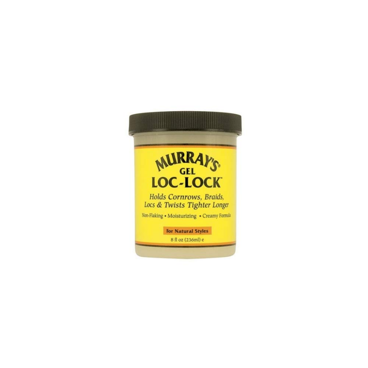 Murray’s Gel Loc-Lock styling gel in 8oz yellow jar with black lid.