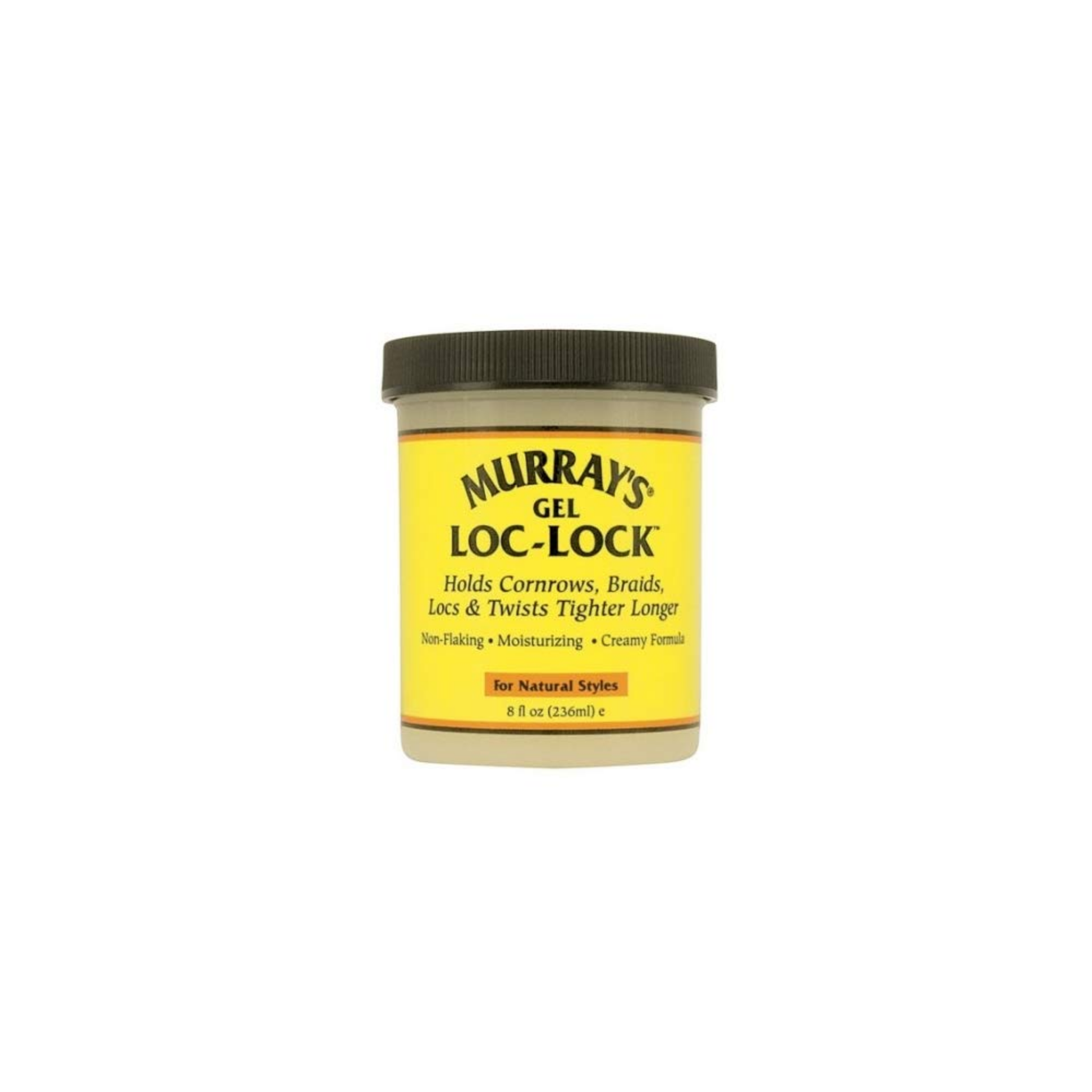 Murray’s Gel Loc-Lock styling gel in 8oz yellow jar with black lid.