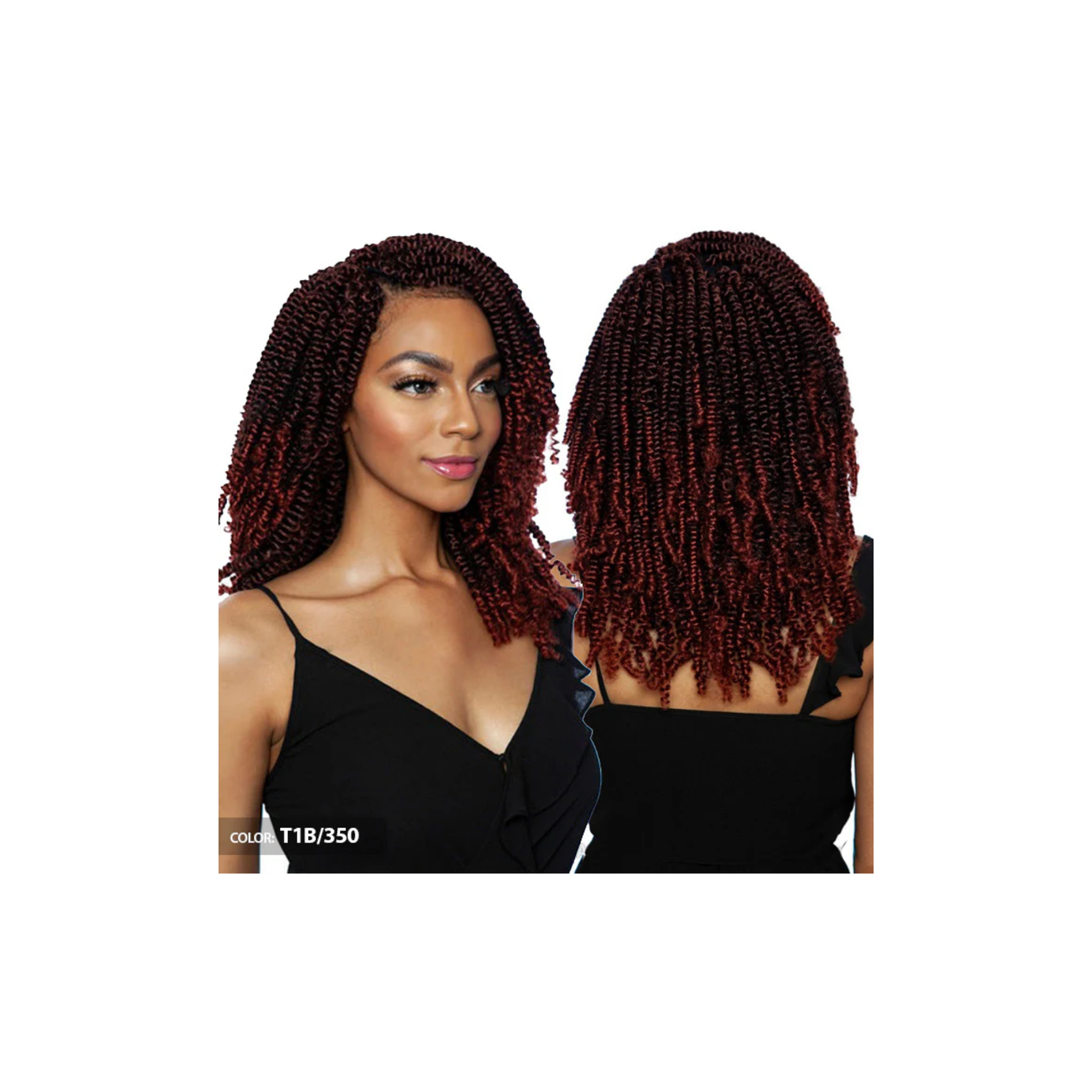 Medium spring twist crochet hair in T1B/350, copper-red highlighted texture