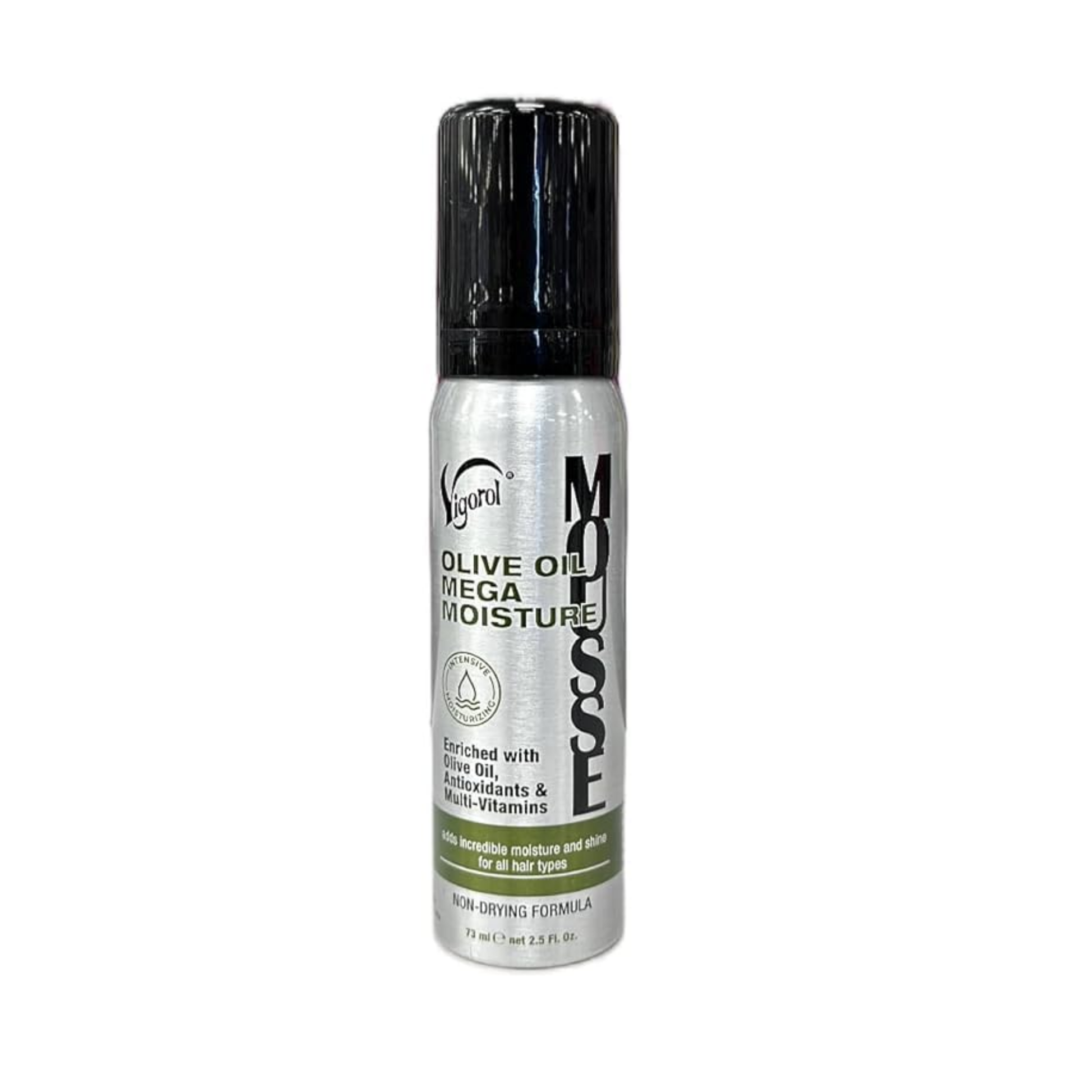 Vigorol Olive Oil Mega Moisture Mousse silver can, front label with clear cap