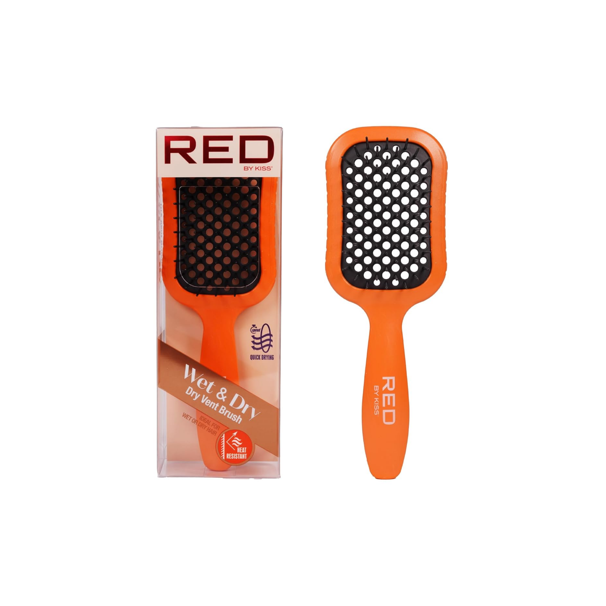 Orange vented heat-resistant hairbrush for wet and dry detangling and fast blow-drying