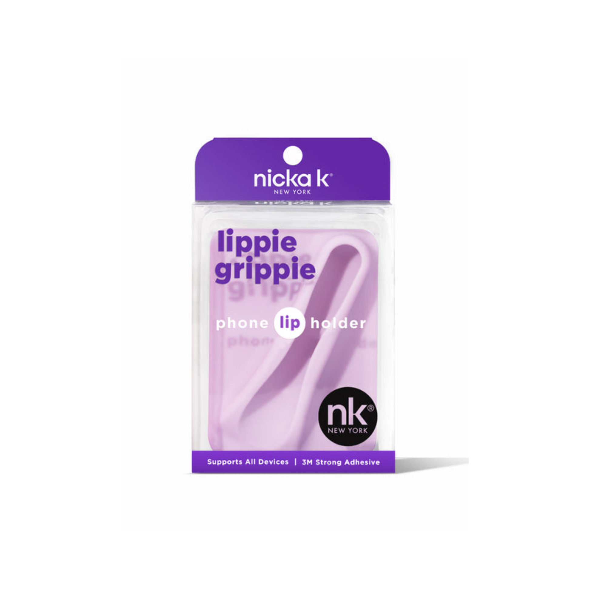 Purple silicone phone lip balm holder with adhesive grip for secure on-the-go storage