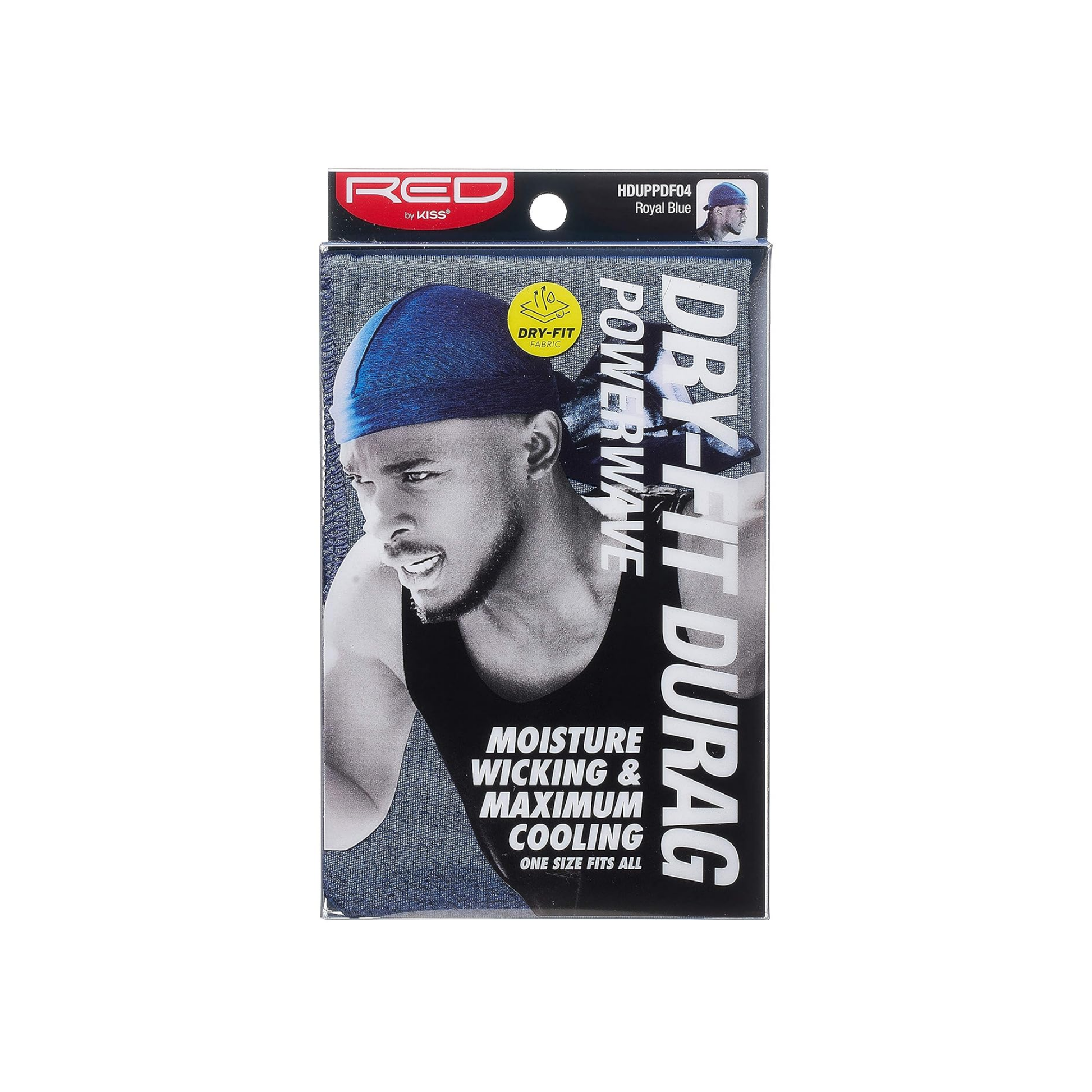 Power wave Dry-Fit Cooling Durag  Royal Blue | back packaging with product features and dry-fit benefits