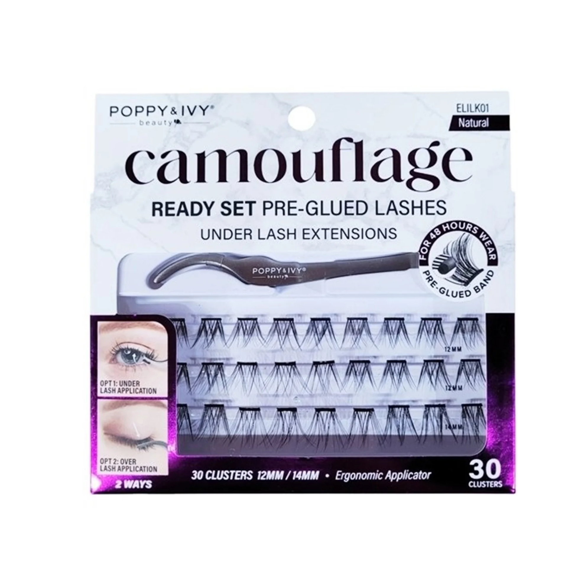 Pre-glued lash cluster kit with ergonomic applicator, 30 tapered flares and advanced bond for up to 48-hour under-lash wear.