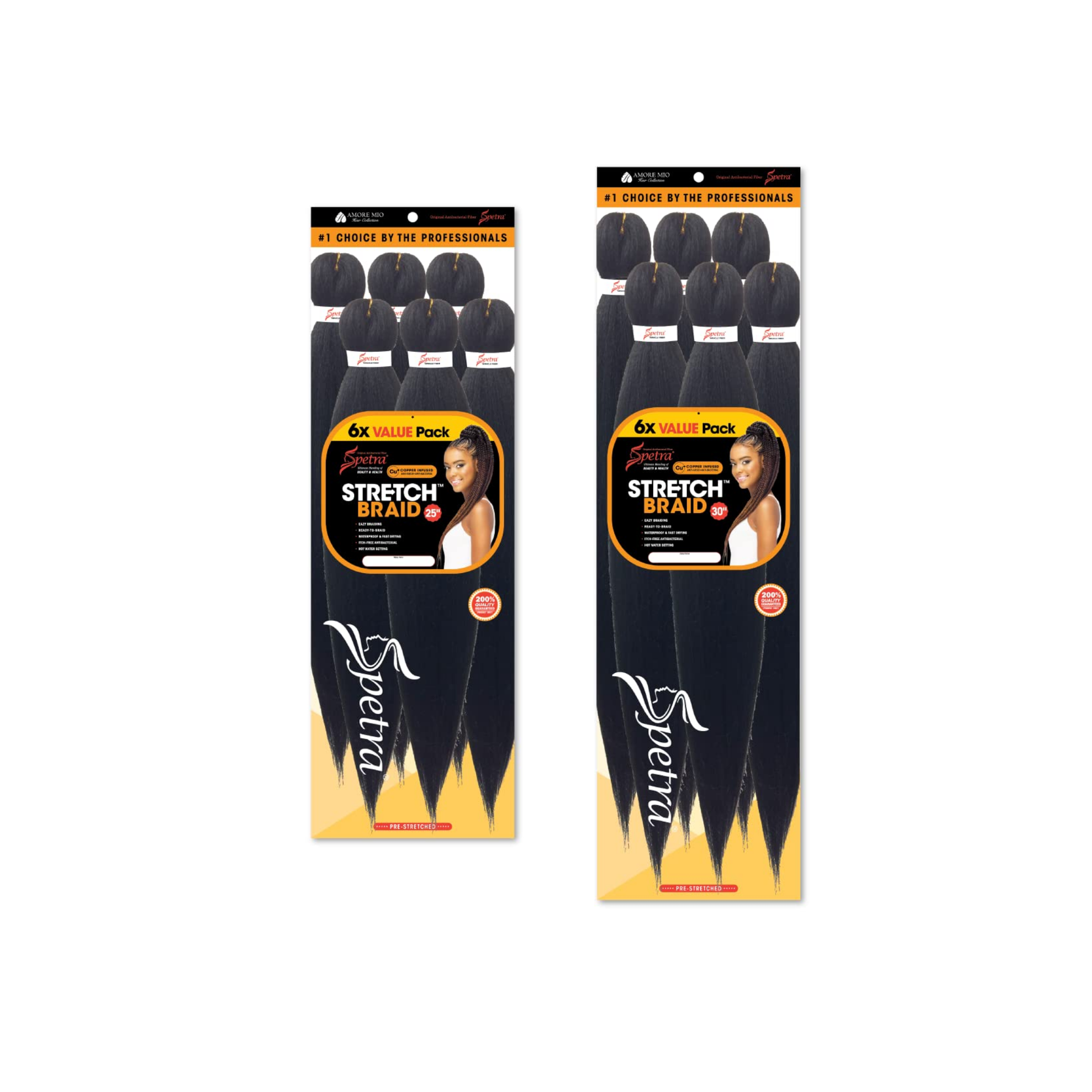 Long pre-stretched braiding extensions in jet black, styled in neat individual braids pulled into a ponytail