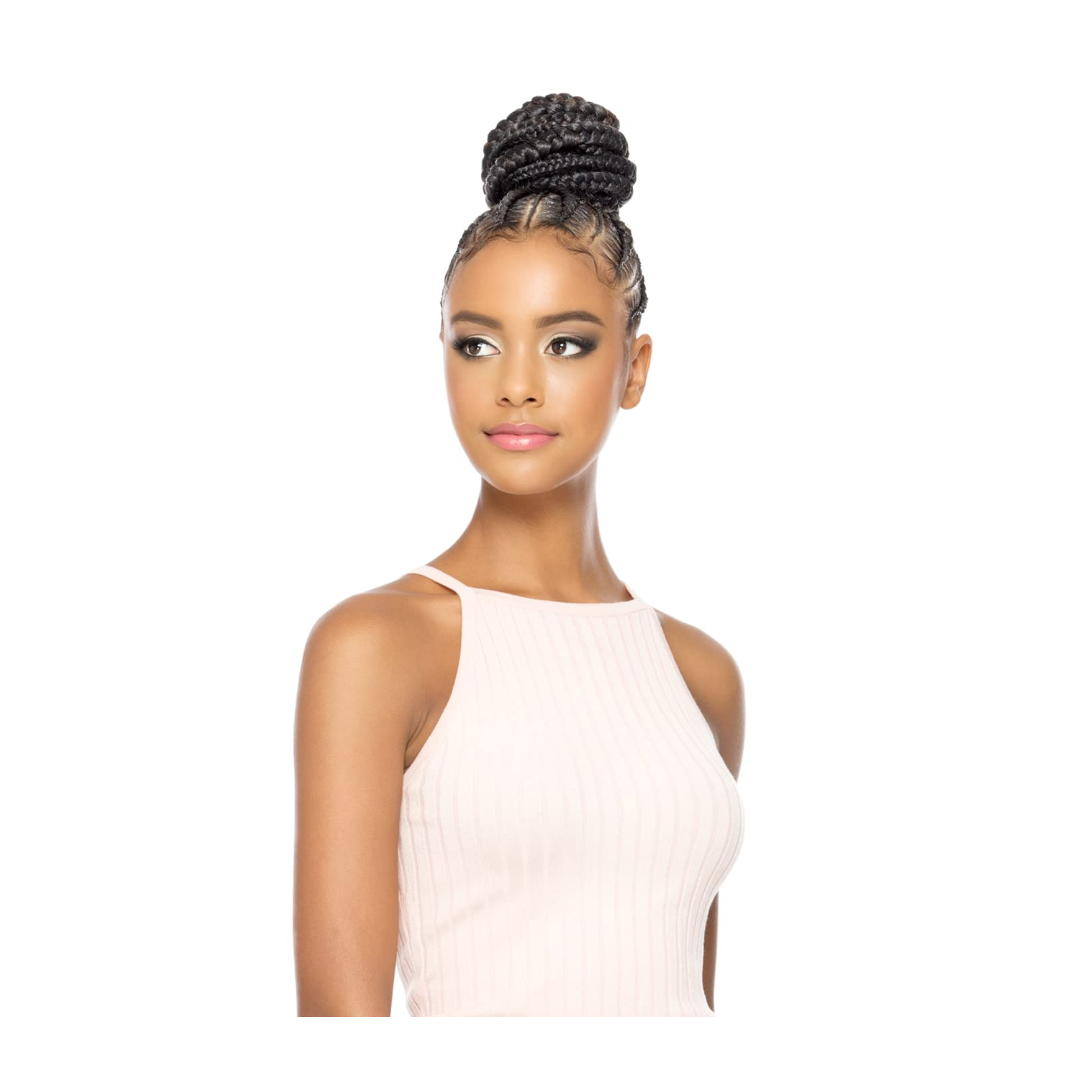 Long pre-stretched braiding extensions in jet black, styled in neat individual braids pulled into a ponytail.