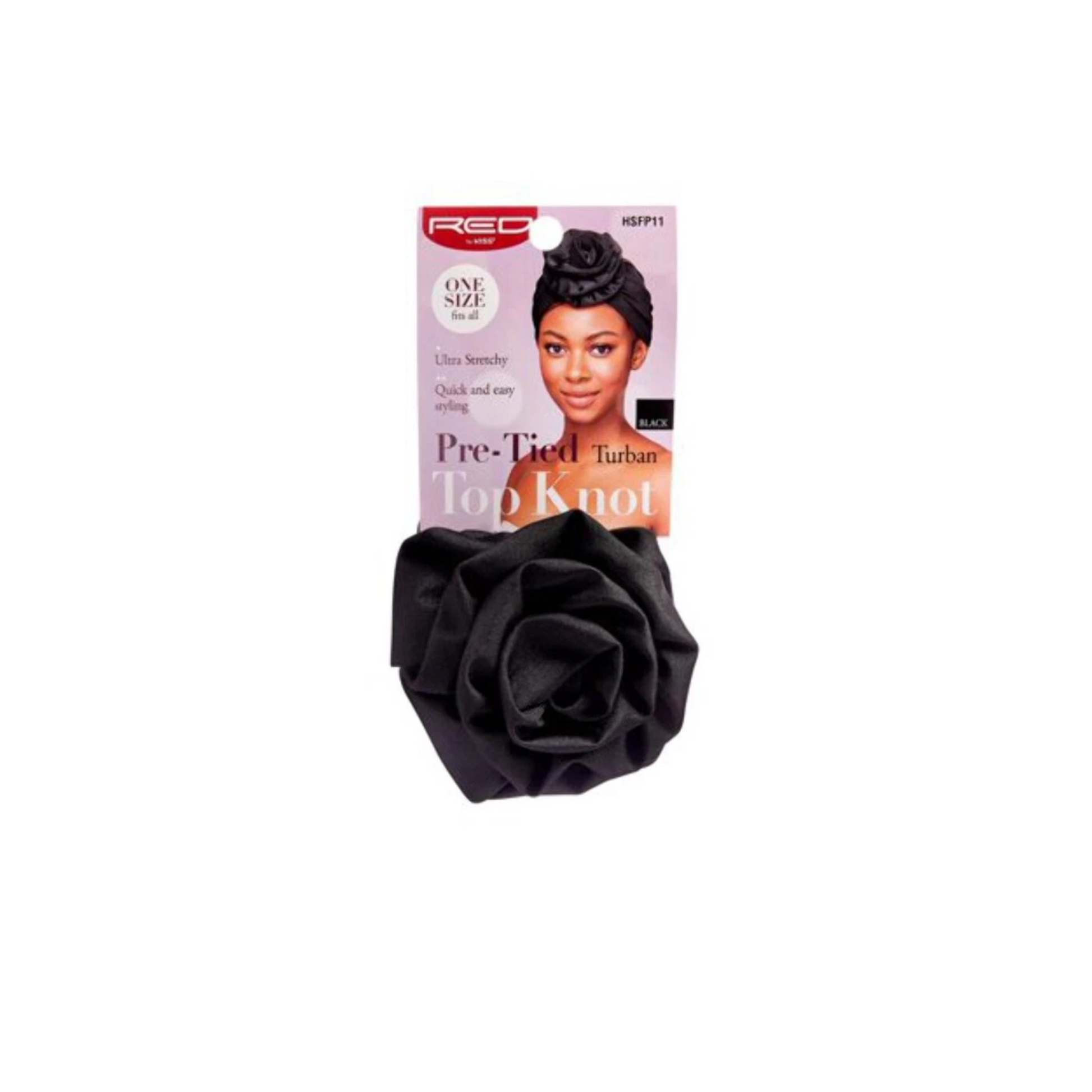 Black pre-tied top knot turban headwrap with stretch satin fabric for everyday and sleep wear